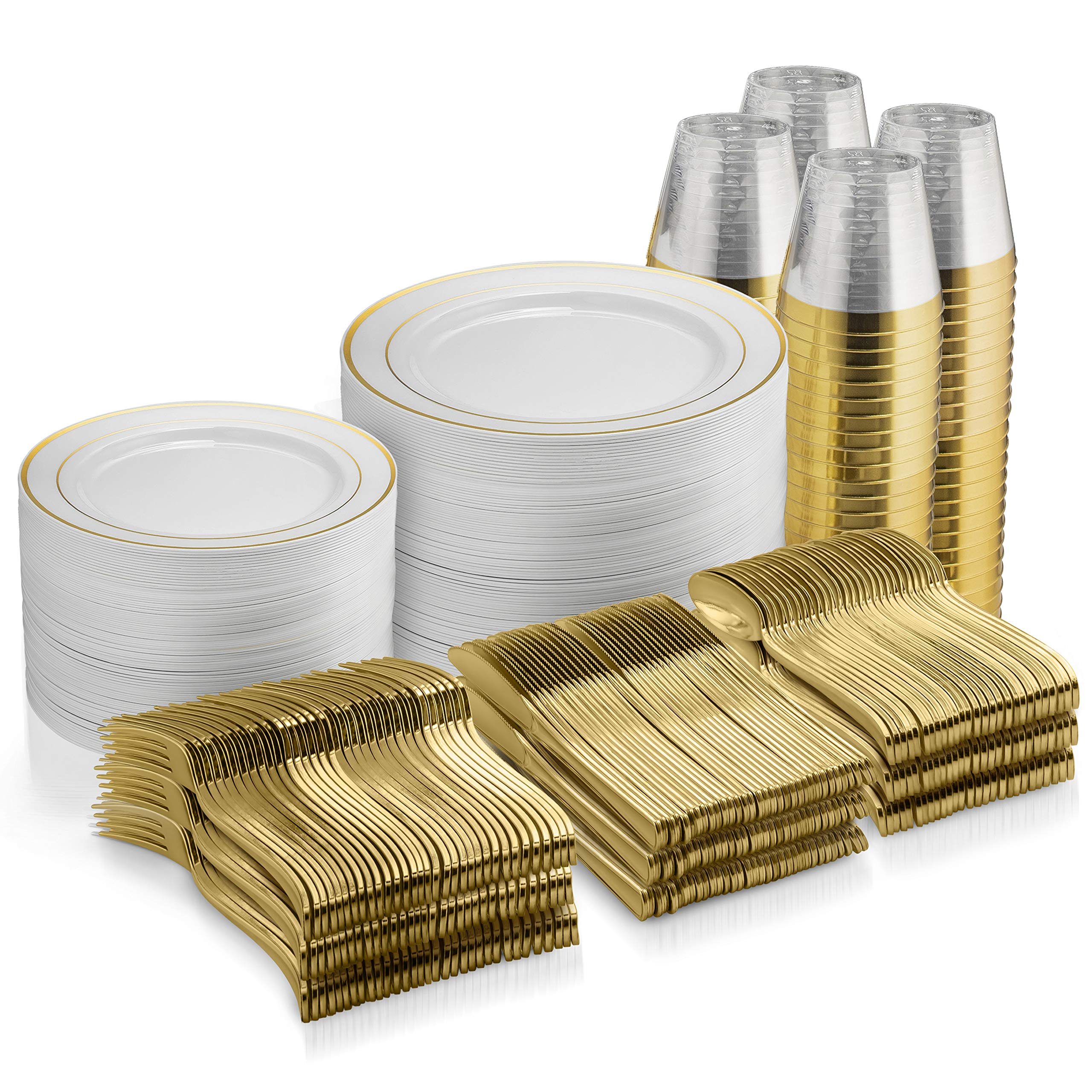 Munfix 600-Piece Disposable Plastic Dinnerware Set - 100 Gold Rimmed 10