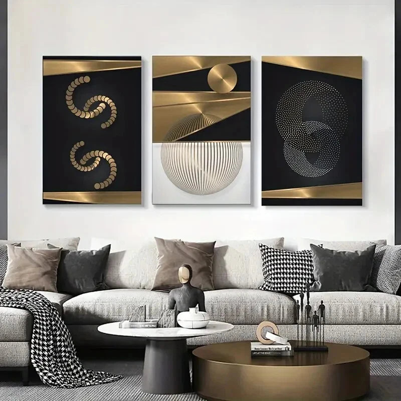 3-Piece Elegant Black & Gold Geometric Metal Wall Art - Ready to Hang Modern Home Decor for Living Room, Bedroom & Office