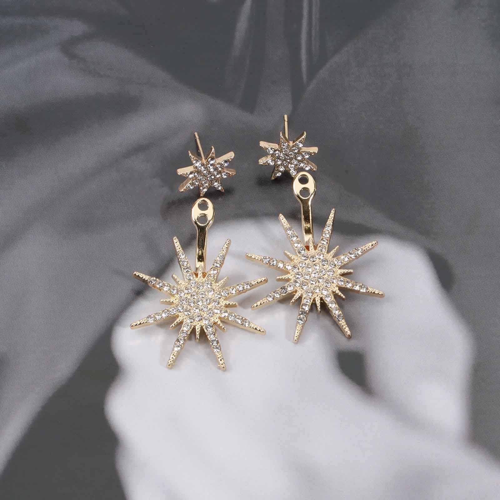 Allereya Crystal Starburst Ear Jacket Earrings - 14K Gold Plated Cubic Zirconia Paved Vintage Stud Earrings for Women, Girls Gift | Perfect for Parties, Weddings & Everyday Elegance