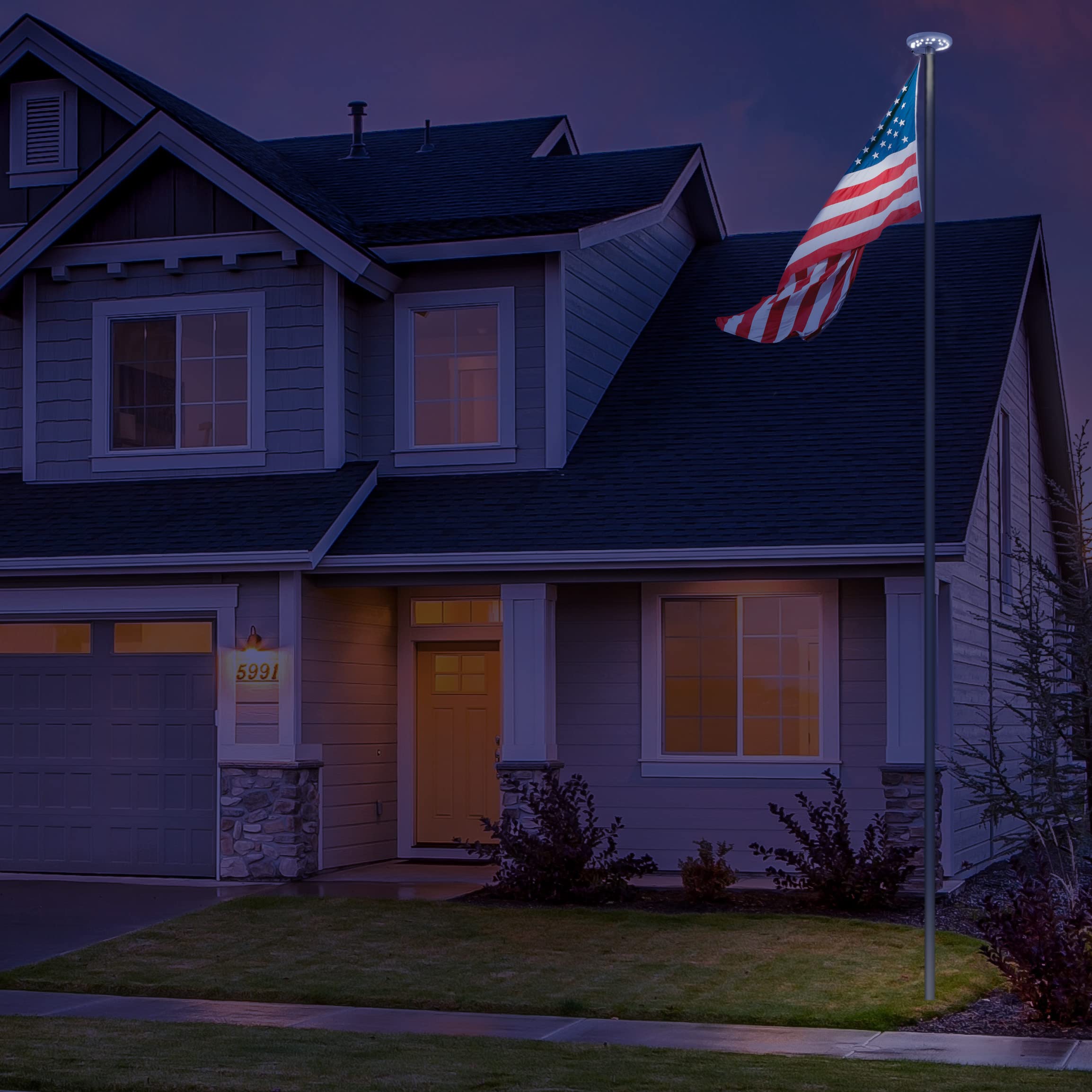 BRUBAKER 20 Ft In-Ground Aluminum Flagpole Set with 3x5 Ft American Flag & Solar Powered Automatic Lights - Heavy Duty Outdoor Flag Pole Kit for Front Yard, Garden, and Patriotic Decorations