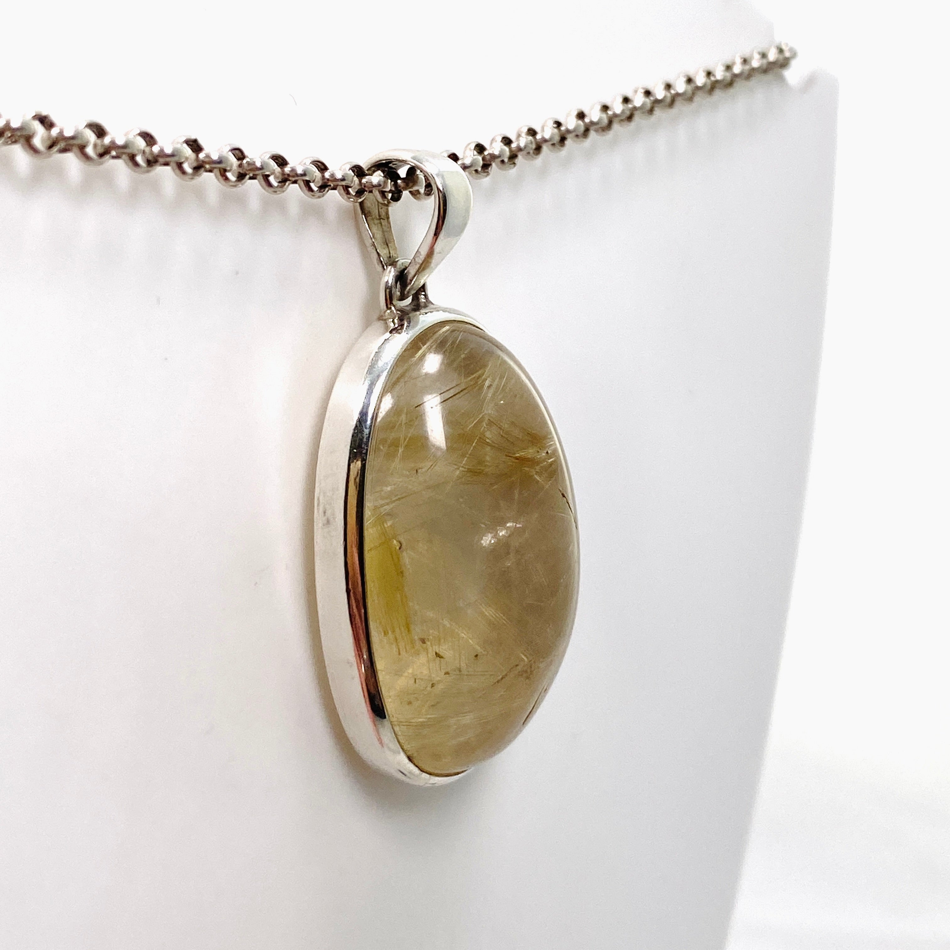Natural Rutilated Quartz Oval Cabochon Pendant - 925 Sterling Silver Jewelry PPGJ835 for Women's Fashion & Spiritual Healing