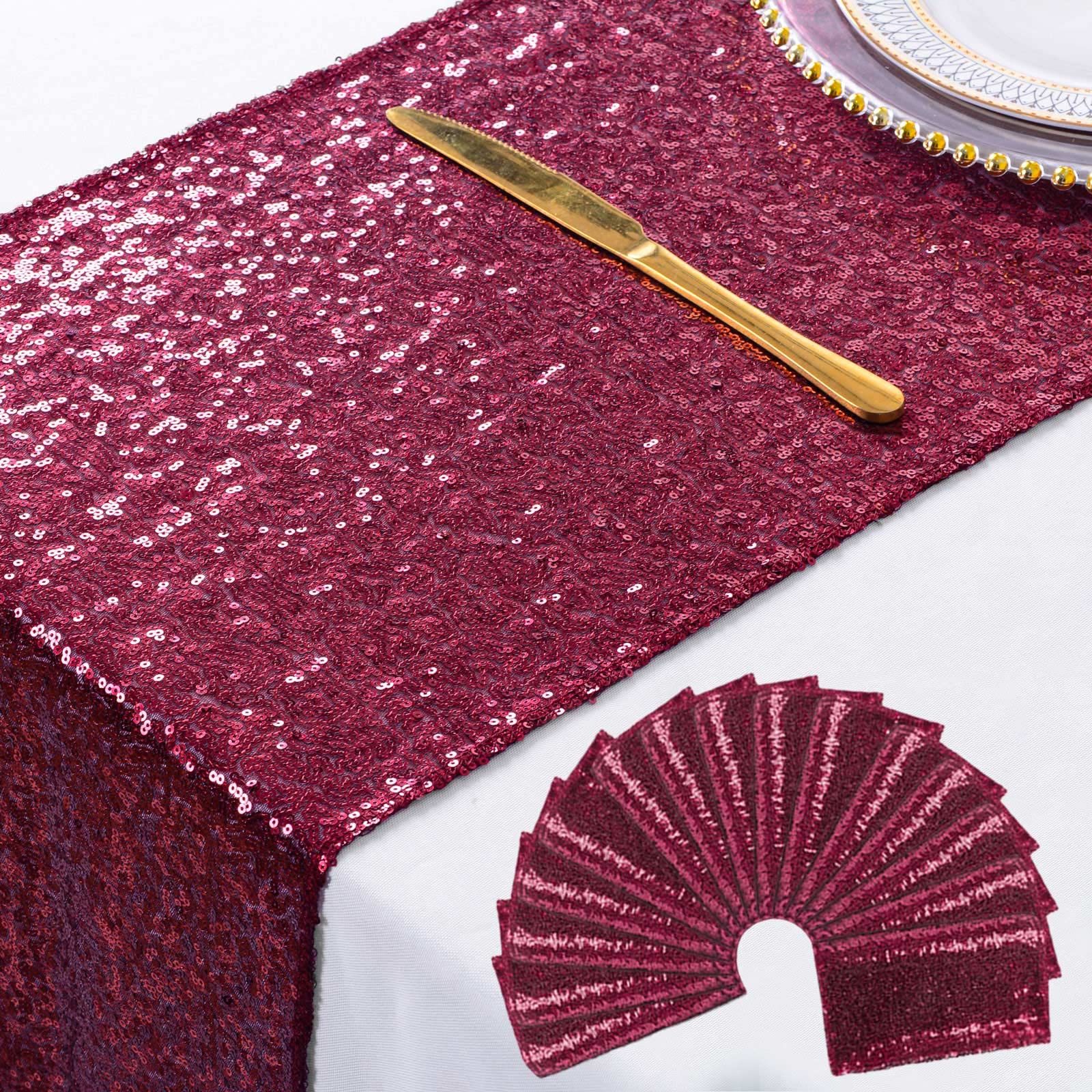 ShinyBeauty 12x108-Inch Burgundy Sequin Table Runner - Pack of 15 Glitter Wedding Table Covers for Party Decorations | Perfect for Bridal Showers, Baby Showers & Birthday Celebrations