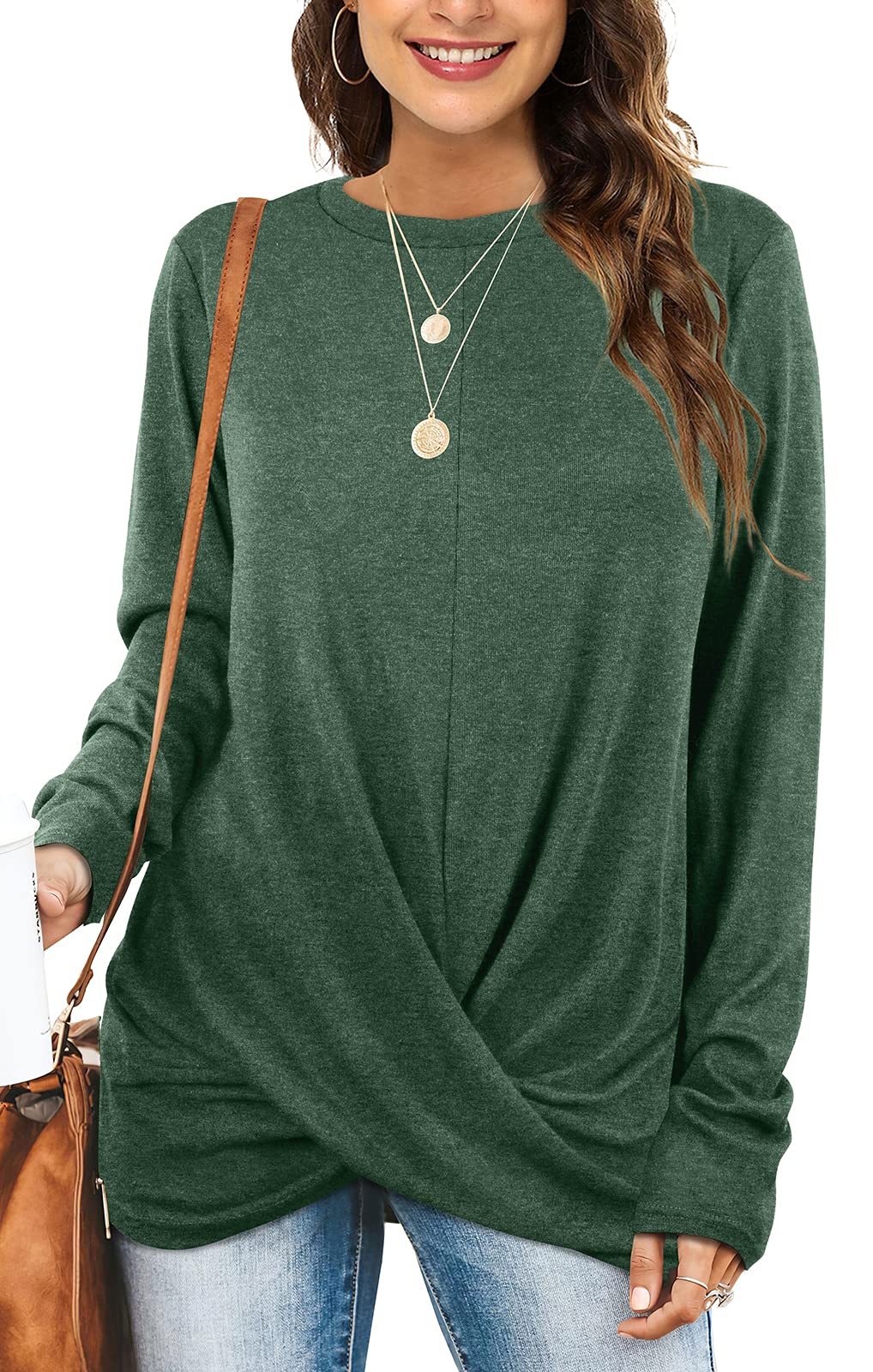 Women's Long Sleeve Crew Neck Tunic Tops for Leggings with Twist Front Design - Perfect for Yoga, Work & Casual Wear
