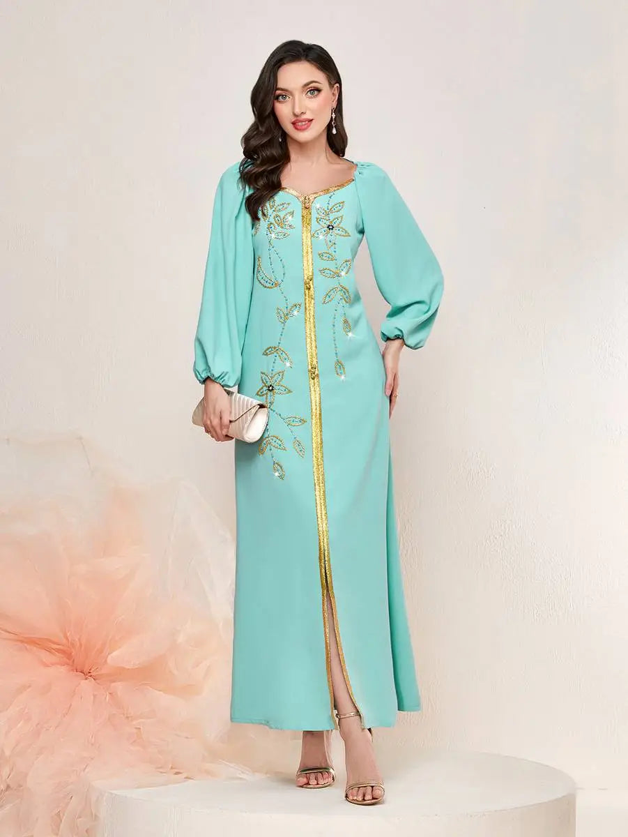Elegant Hand-Stitched Rhinestone Beaded Caftan Dress for Women - Boho Chic Beach Cover Up, Evening Gown & Summer Party Wear