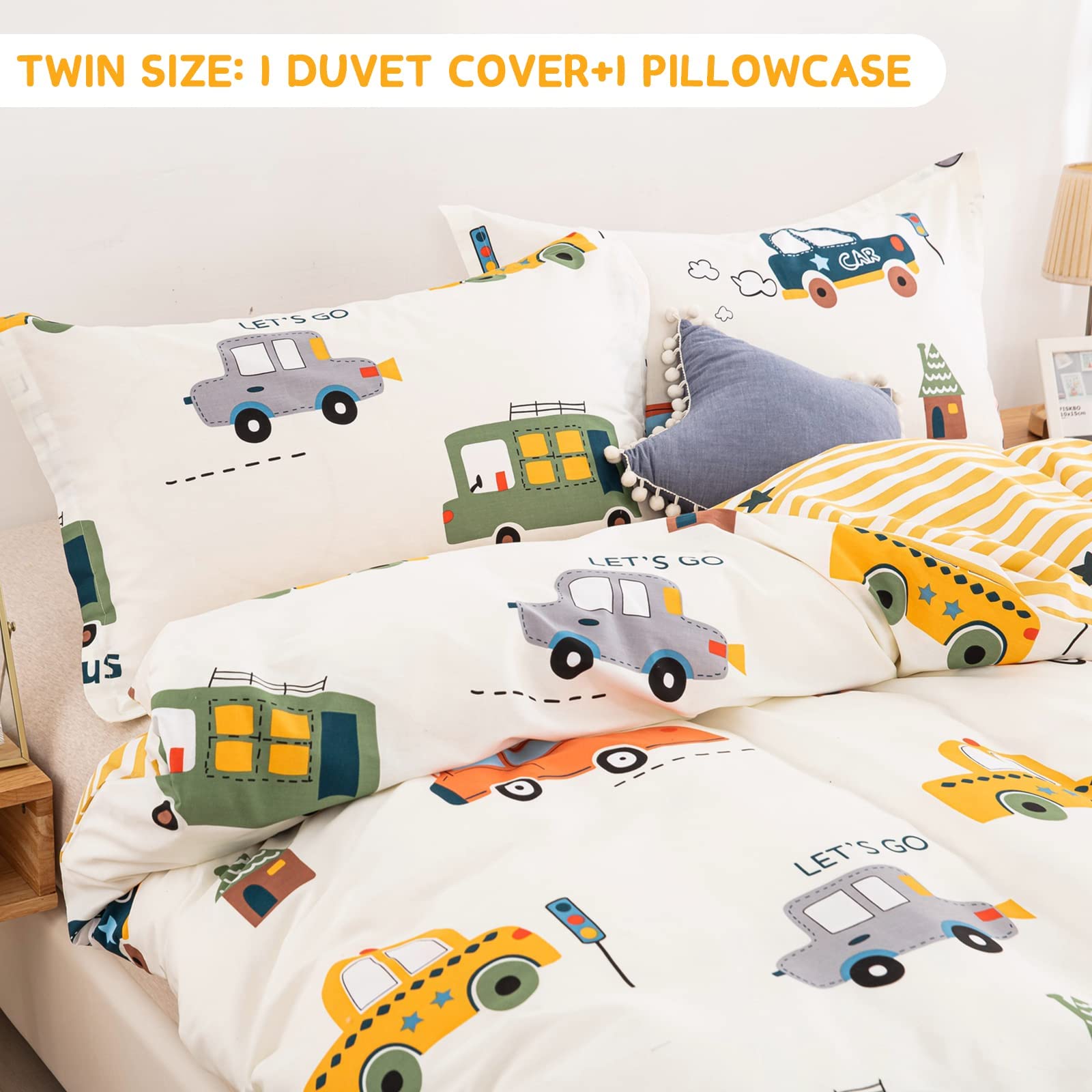 Cartoon Cars Duvet Cover Set Twin Size - 100% Cotton Breathable Bedding (1 Duvet Cover + 1 Pillowcase) | Reversible Stripes Printed Comforter Cover for Kids, Teens, Boys & Girls | Perfect for Bedroom Decor, Sleepovers & Gift Giving