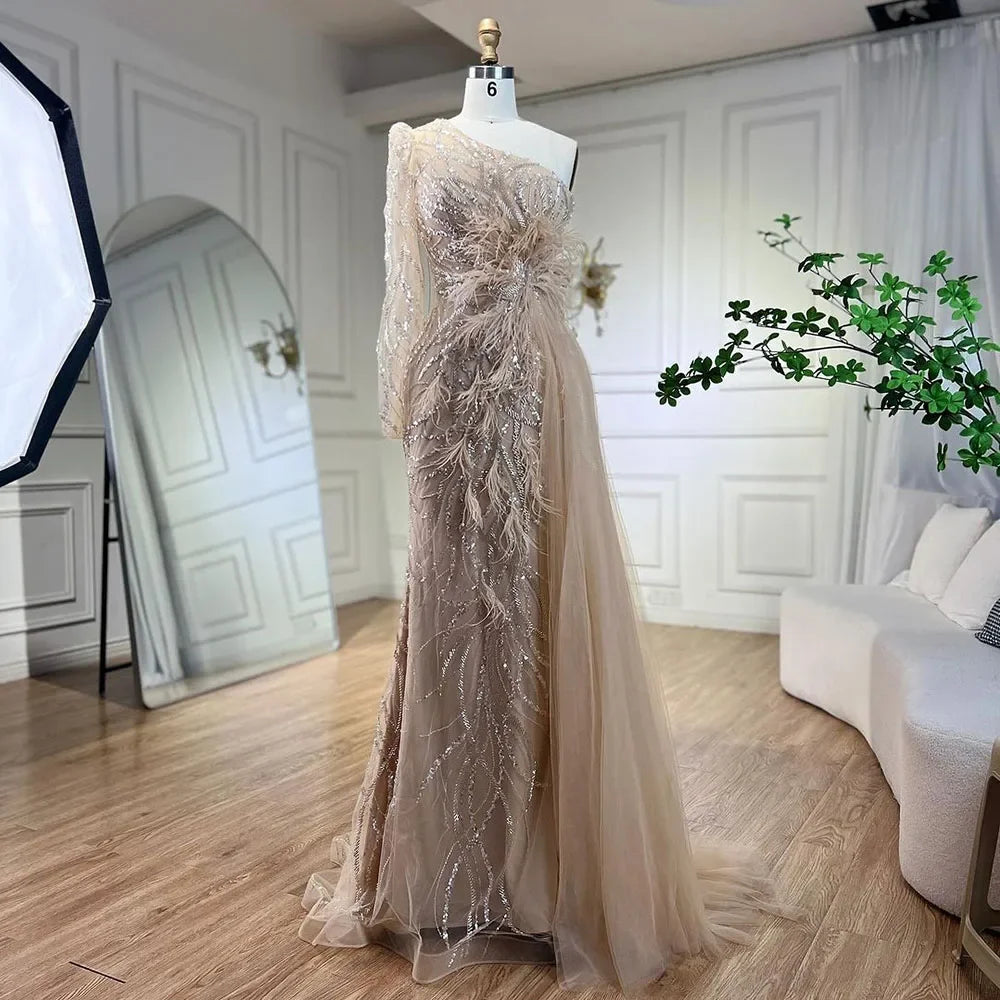 Elegant Serene Hill Caramel Mermaid Evening Gown with Overskirt & Beaded Feathers - One Shoulder Formal Dress for Women | Perfect for Prom, Gala & Special Occasions 2025 LA71789A