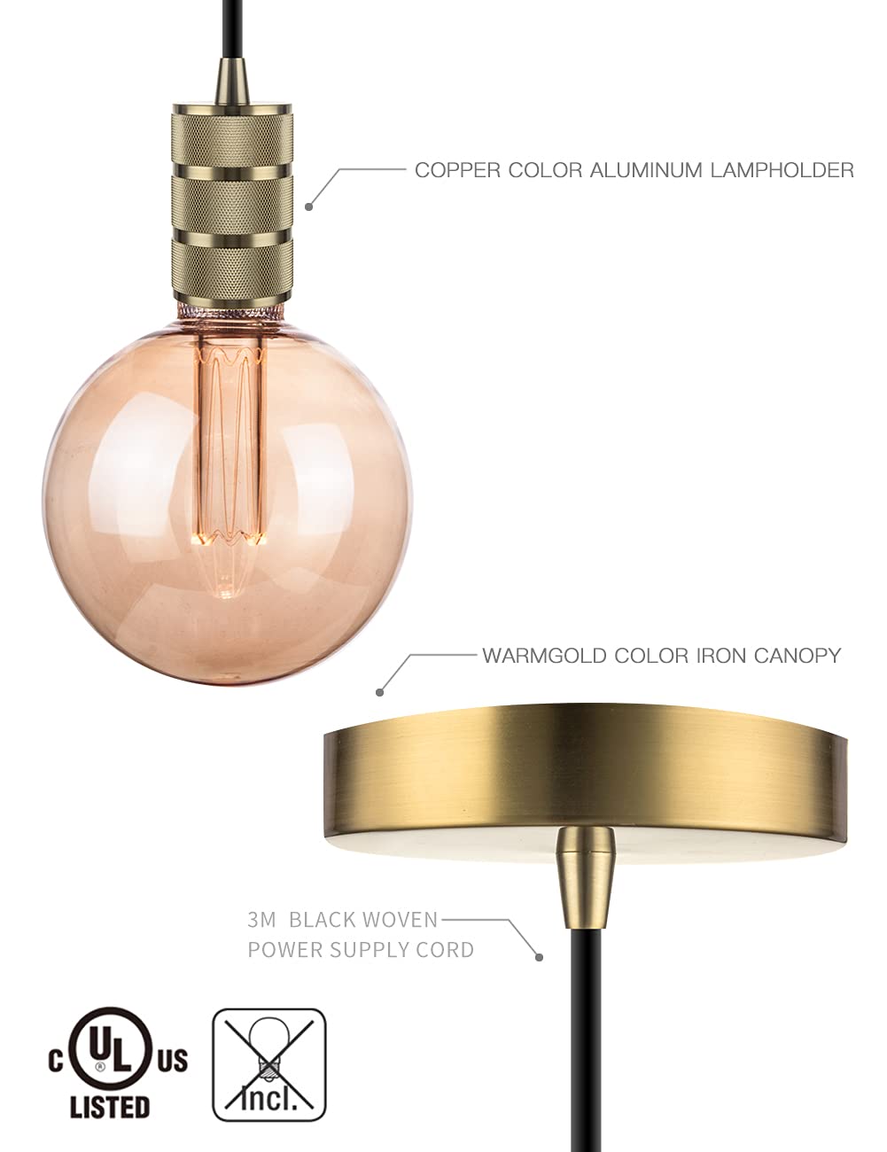 Champagne Gold Mini Pendant Light - Modern Single Socket Ceiling Fixture with 4.75'' Canopy & Adjustable 10ft Black Fabric Cord, E26 Lampholder (LP-067-2) - Perfect for Kitchen Island, Dining Room, Bar or Bedroom Lighting