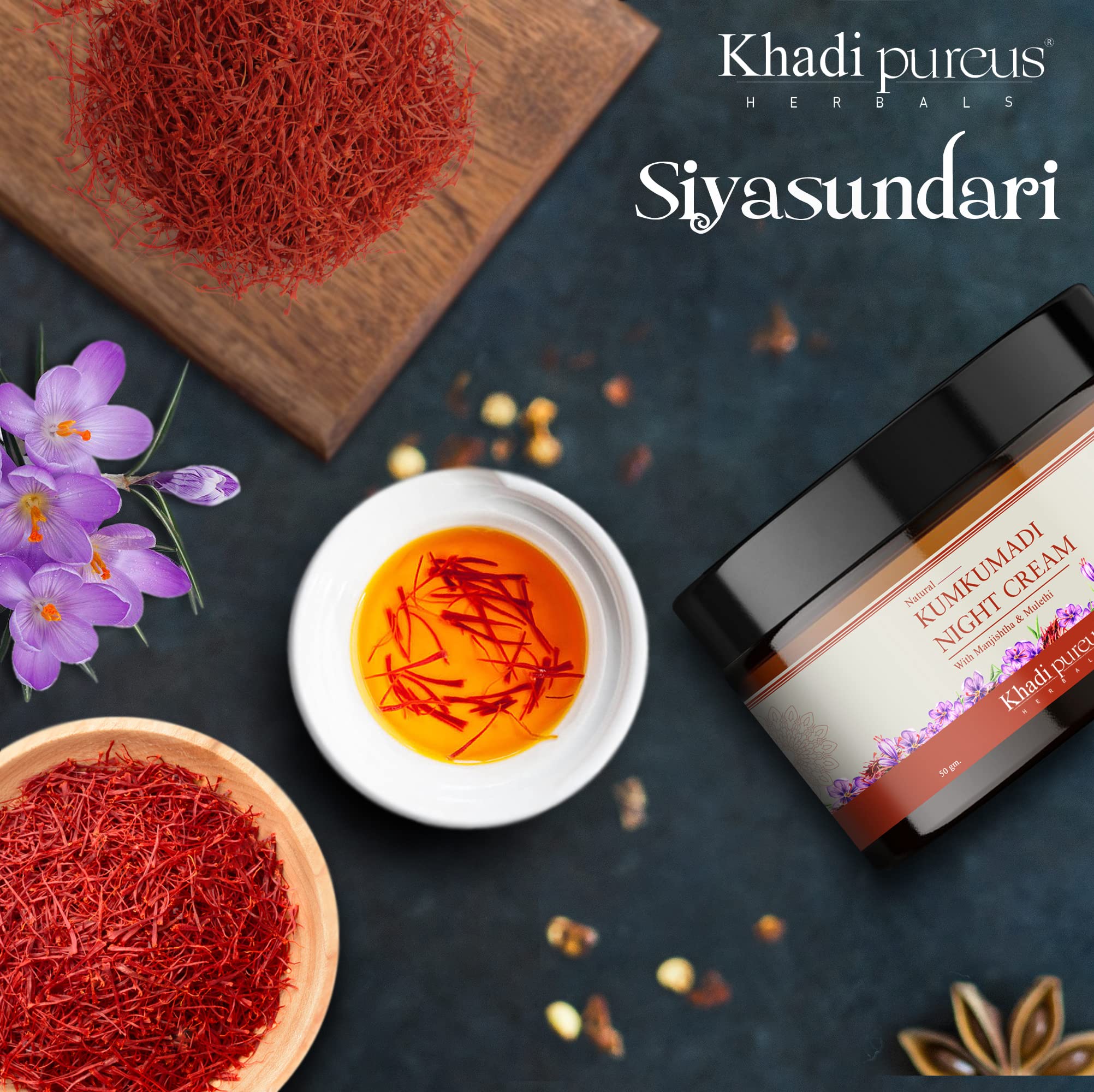 PUREUS Khadi Herbals Siyasundari Kumkumadi Night Cream - Anti-Aging Face Cream for Glowing Skin, Reduces Pigmentation, Dark Circles & Blackheads (50g) | Rejuvenating Night Treatment for Radiant Complexion | Perfect for Evening Skincare Routine & Anti-Aging Regimen