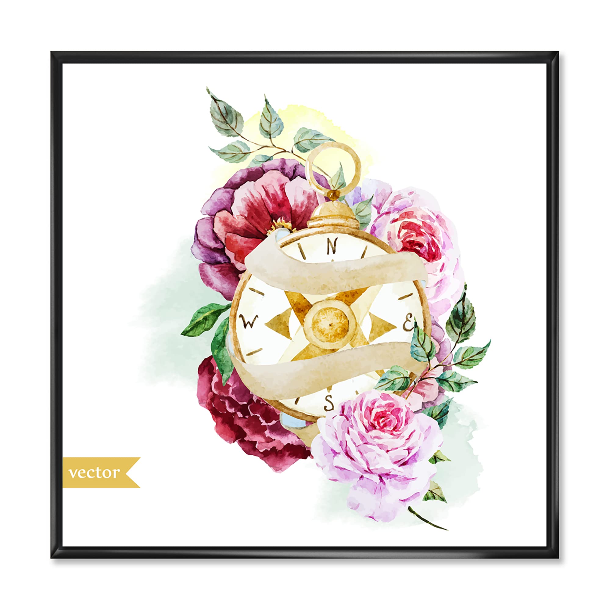 DesignQ Floral Compass - Traditional Framed Canvas Wall Art Print for Home & Office Decor | Vintage Style Botanical Wall Hanging for Living Room, Bedroom or Gift