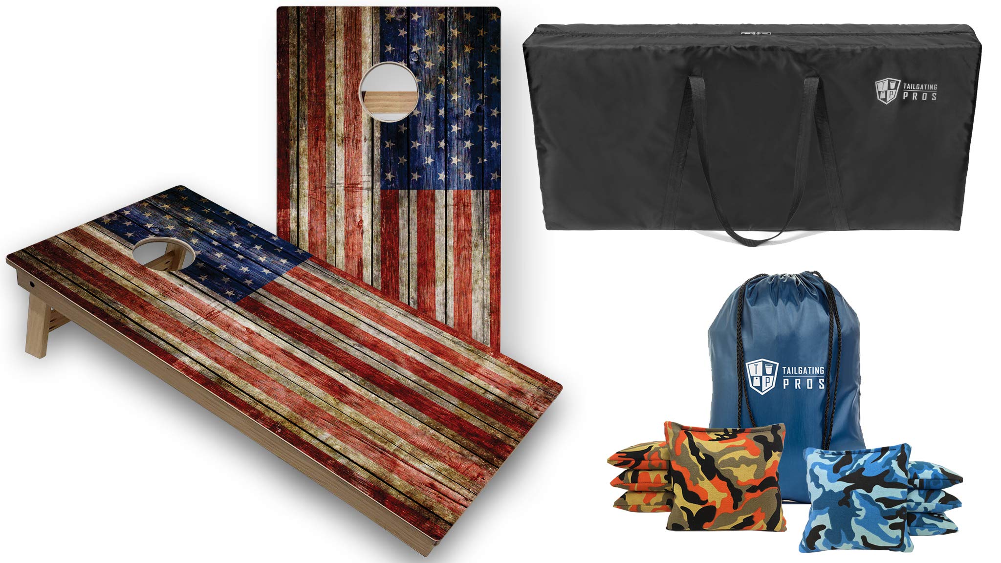 Tournament Grade Cornhole Game Set - 2 Professional 4'x2' Rustic Flag Regulation Baltic Birch Cornhole Boards with Carrying Case & 8 Bags (LED Lights Option) - Perfect for Backyard Parties, Tailgating, and Outdoor Events