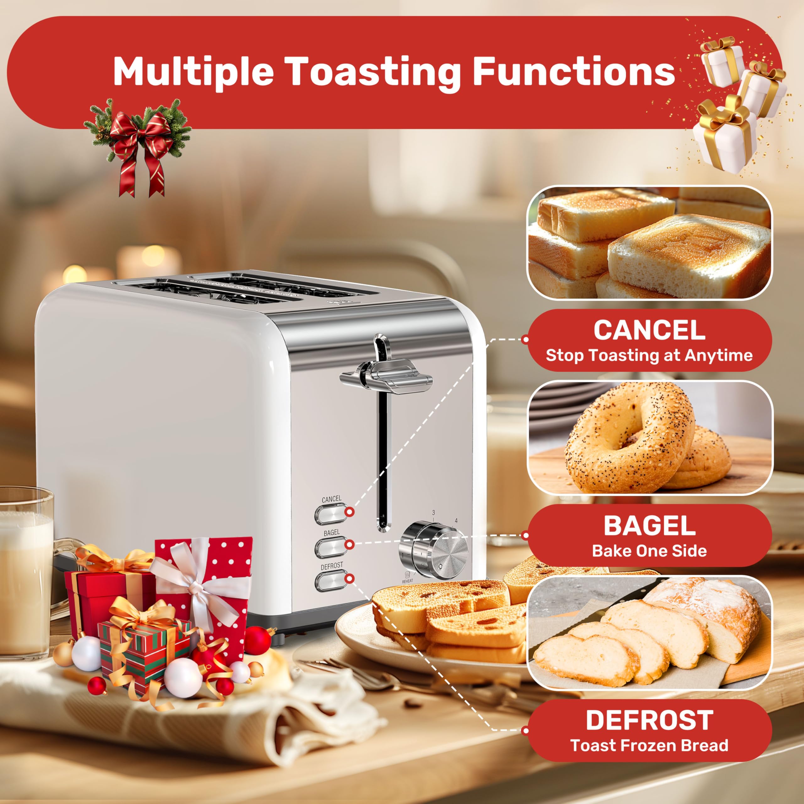 YSSOA 2-Slice Stainless Steel Toaster with Extra Wide Slots - 6 Browning Levels, Bagel/Defrost/Cancel Functions - Removable Crumb Tray - Compact Countertop Toaster for Bread, Bagels, Waffles & Pastries - Perfect for Breakfast, Office or Dorm Room Use - White