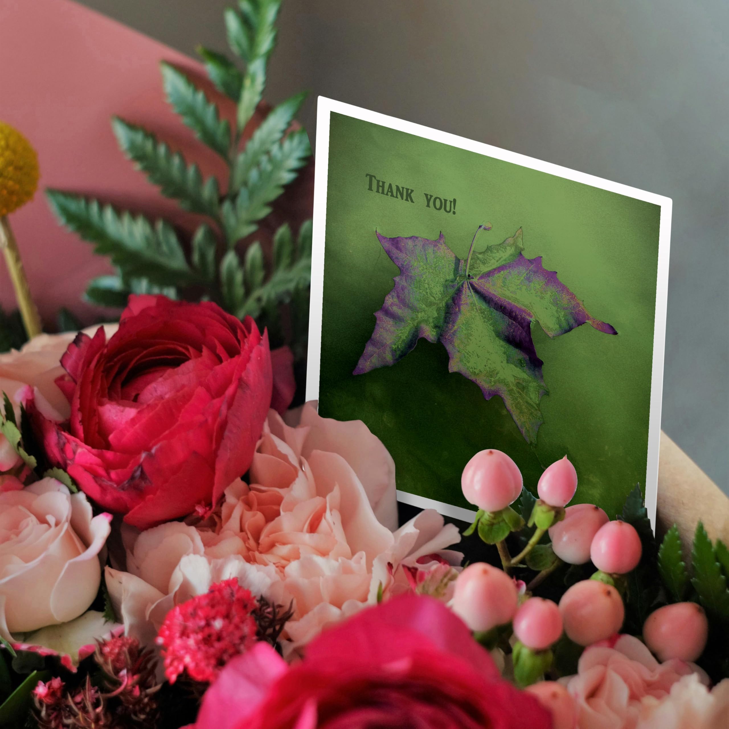 Elegant Maple Leaf Thank You Greeting Card - Moss Green and Purple Thank You Design - Perfect for Holidays, Birthdays & Appreciation Gifts