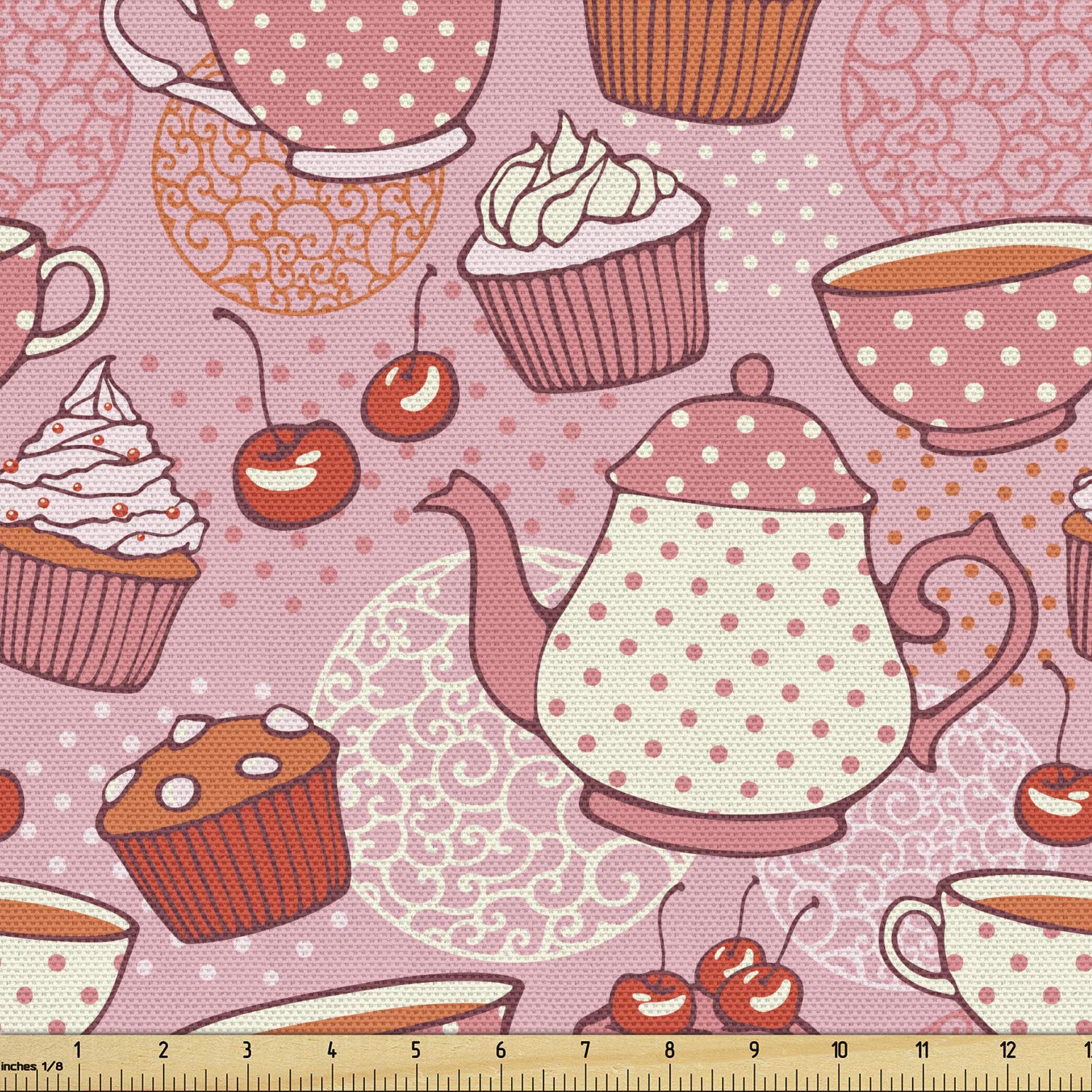 Ambesonne Cartoon Teapot & Cup Fabric by The Yard - Pink Orange Red Polka Dot Cherry Print Upholstery Material for DIY Home Decor, Curtains, Pillows (10 Yards) | Perfect for Kitchen, Living Room & Nursery Accents