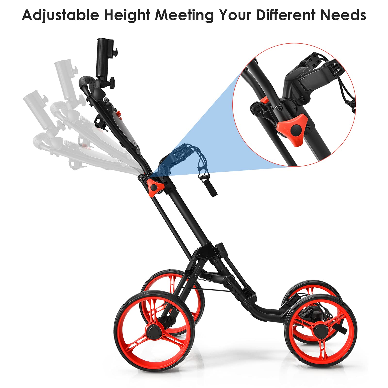 GYMAX 4 Wheel Folding Golf Push Cart - Adjustable Height Golf Trolley with Umbrella Holder, Cup Holder & Foot Brake | Lightweight Portable Golf Caddy for Adults & Teens | Perfect for Course, Driving Range & Practice Sessions