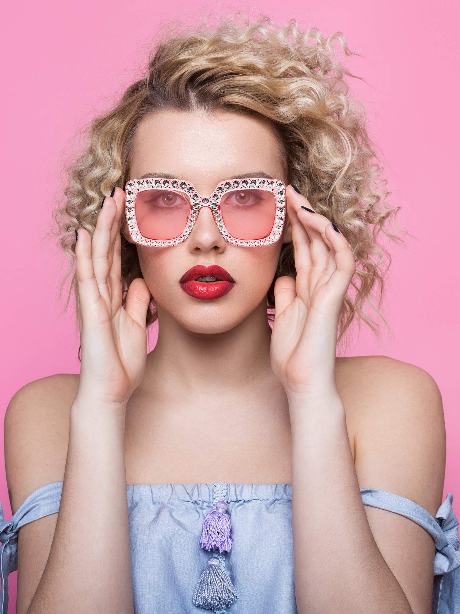 Frienda Oversize Square Glitter Sunglasses - Retro Thick Frame Sparkly Shades for Women (Light Gray/Clear Pink/Clear Tawny/Light Yellow) | Perfect for Beach, Pool Party & Summer Fashion Accessories