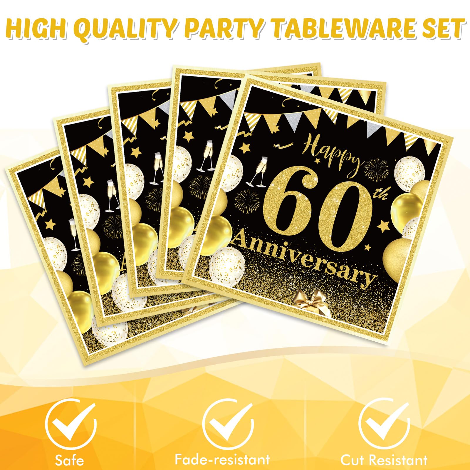 60th Wedding Anniversary Decorations Set - 41 PCS Black & Gold Party Supplies with Plates, Napkins, Tablecloth - Diamond Anniversary Party Favors for Men & Women - Perfect for 60th Birthday Celebrations, Retirement Parties & Milestone Events