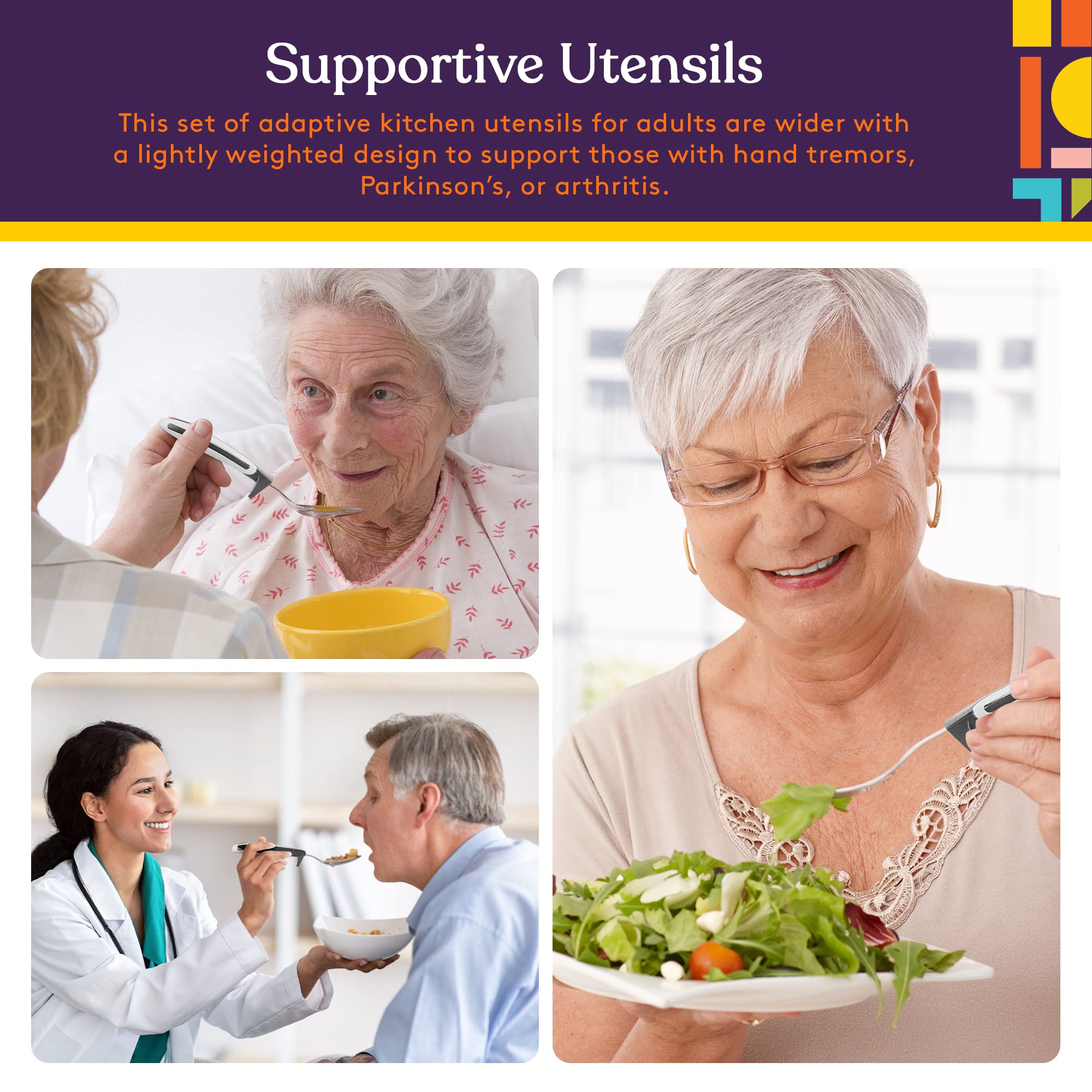 Special Supplies Adaptive Utensils Set for Hand Tremors & Arthritis - 4-Piece Kitchen Tools with Non-Slip Handles (Stainless Steel Knife, Fork, Spoons) - Ideal for Parkinson’s, Elderly & Disabled Users - Gray Striped Design for Easy Grip & Comfortable Dining