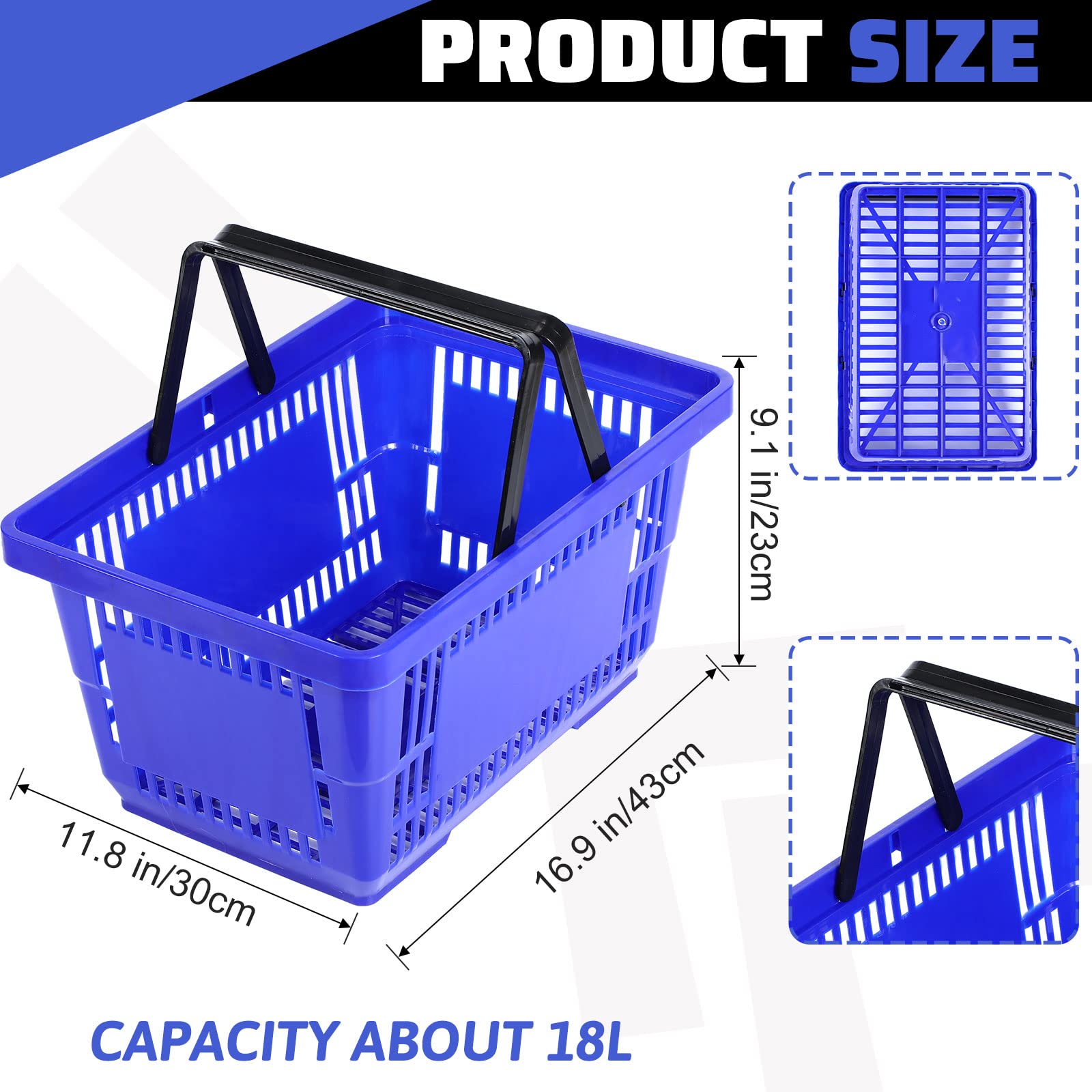 20 Pack Blue Plastic Shopping Baskets with Handles - 18L Grocery Storage Baskets (16.9