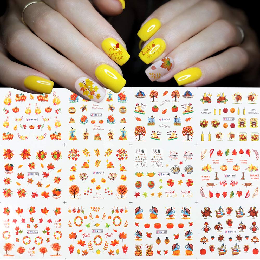 Macute Fall Nail Stickers - 12 Sheets Maple Leaf Water Transfer Nail Art Decals with Autumn Leaves, Turkey & Pumpkin Designs | DIY Manicure Tips Decor for Thanksgiving, Halloween | Perfect for Seasonal Nail Art, Party Nail Decorations, and Holiday Gift Ideas