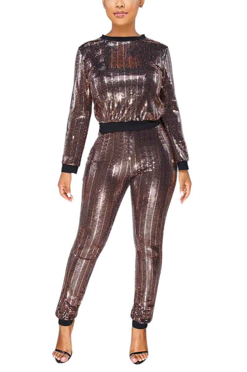 Women's Shiny Tracksuit Set - Round Neck Pullover & Bodycon Sweatpants Jumpsuit in Brown | Gym Workout, Yoga, Running, Lounge Wear, Casual Outfit