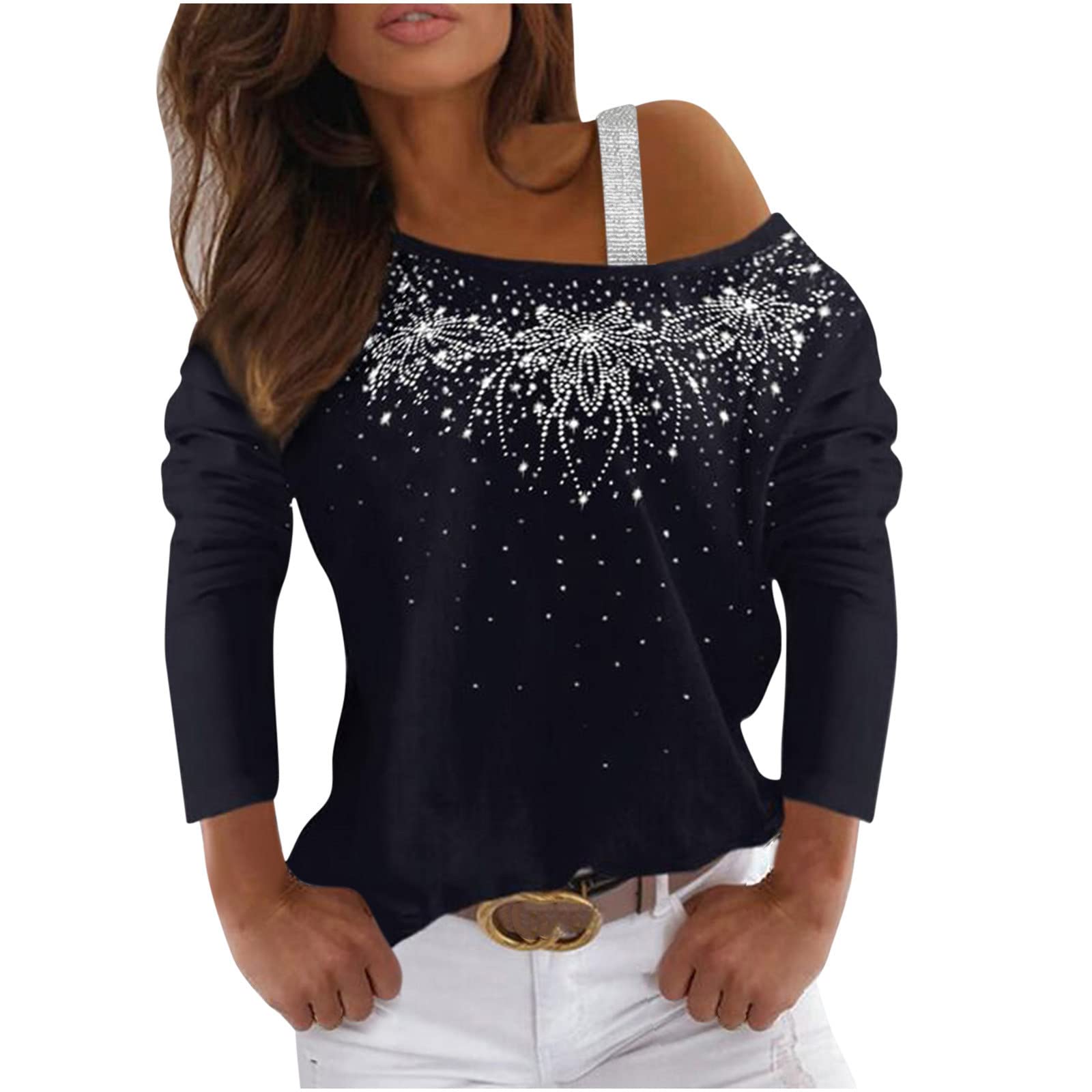 Women's Shiny Sequin Blouse - Off Shoulder Pullover Tunic Top with Long Sleeves | Trendy Diamond Shirt for Party, Club & Evening Wear