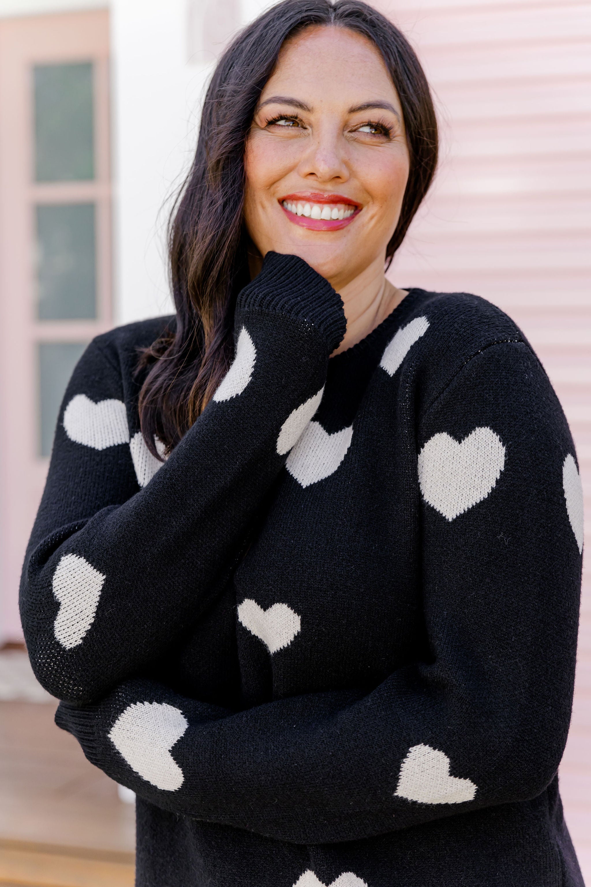 Amor Knit Jumper Women's Black Sweater with Cream Heart Pattern - Cozy Winter Pullover for Casual Outfits & Date Nights
