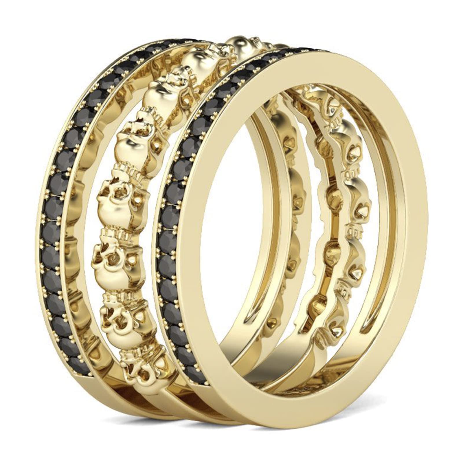 Jeulia 3PC Yellow Gold Tone Skull Band Ring Set for Women & Men - Sterling Silver Eternity Wedding Band with Round Cut Cubic Zirconia - Anniversary Promise Ring for Her, Bride - Jewelry Gift Box Included | Gothic Fashion, Punk Style, Couple Rings, Gift for Him & Her