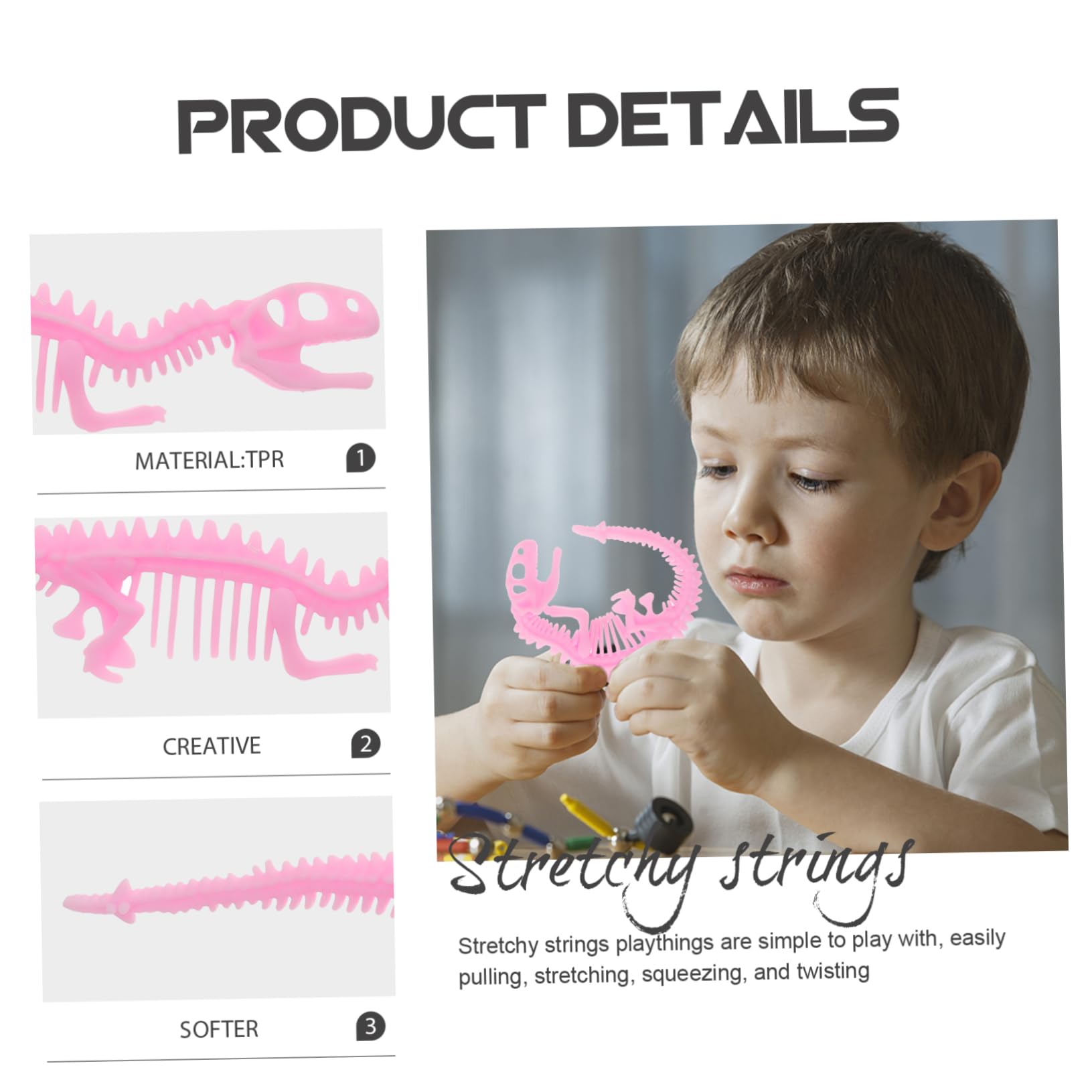 DIKACA 6-Pack Stretchy Fishbone Rope Toys - Dinosaur Pull String Fidget Toys for Kids, Sensory Stress Relief & Fun Playtime (Great for Classrooms, Birthday Gifts & Travel Activities)