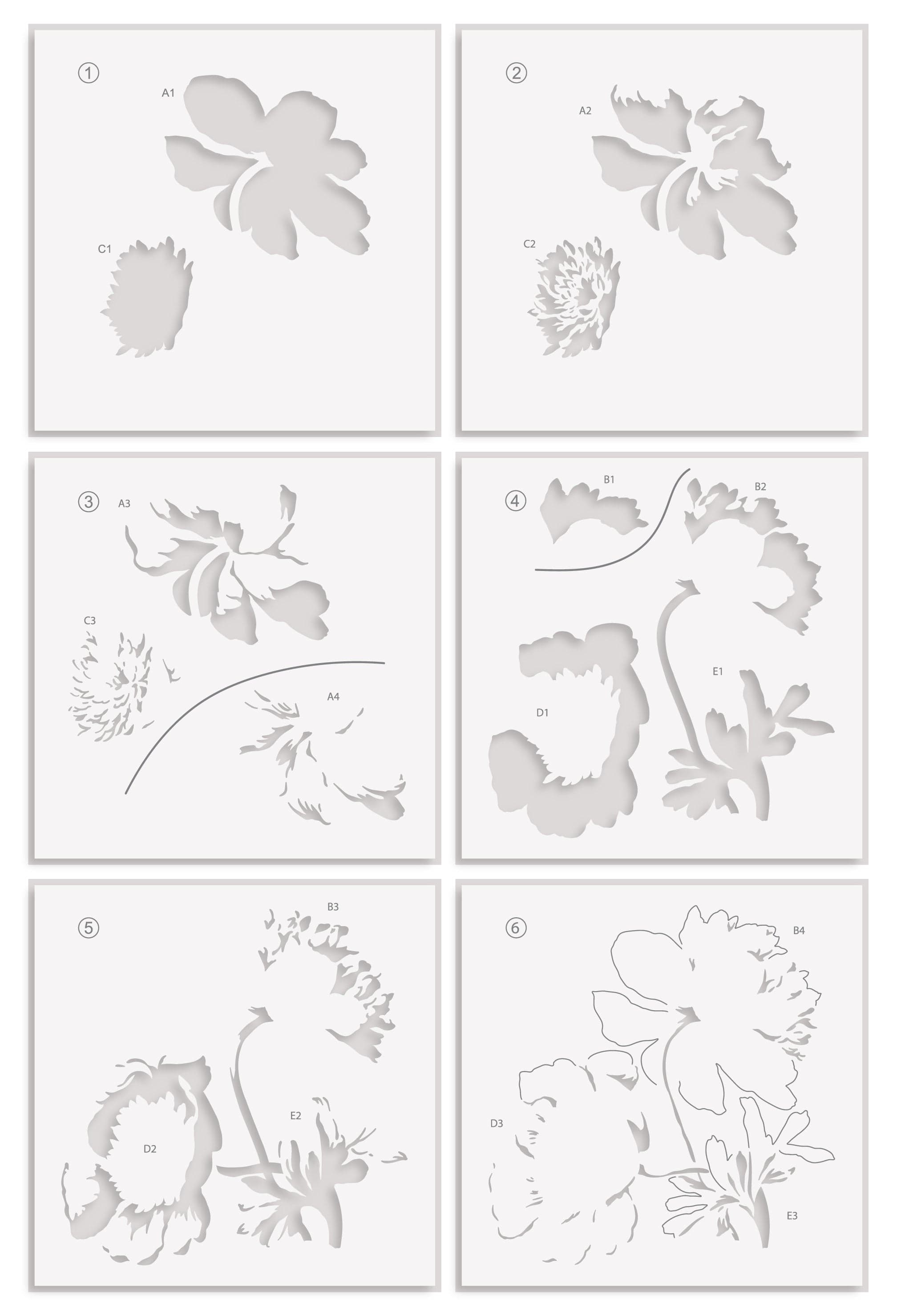 6-in-1 White Peony Layering Stencil Set for DIY Wall Art, Fabric Painting & Home Decor - Floral Stencil Kit for Crafting, Scrapbooking & Mixed Media Projects