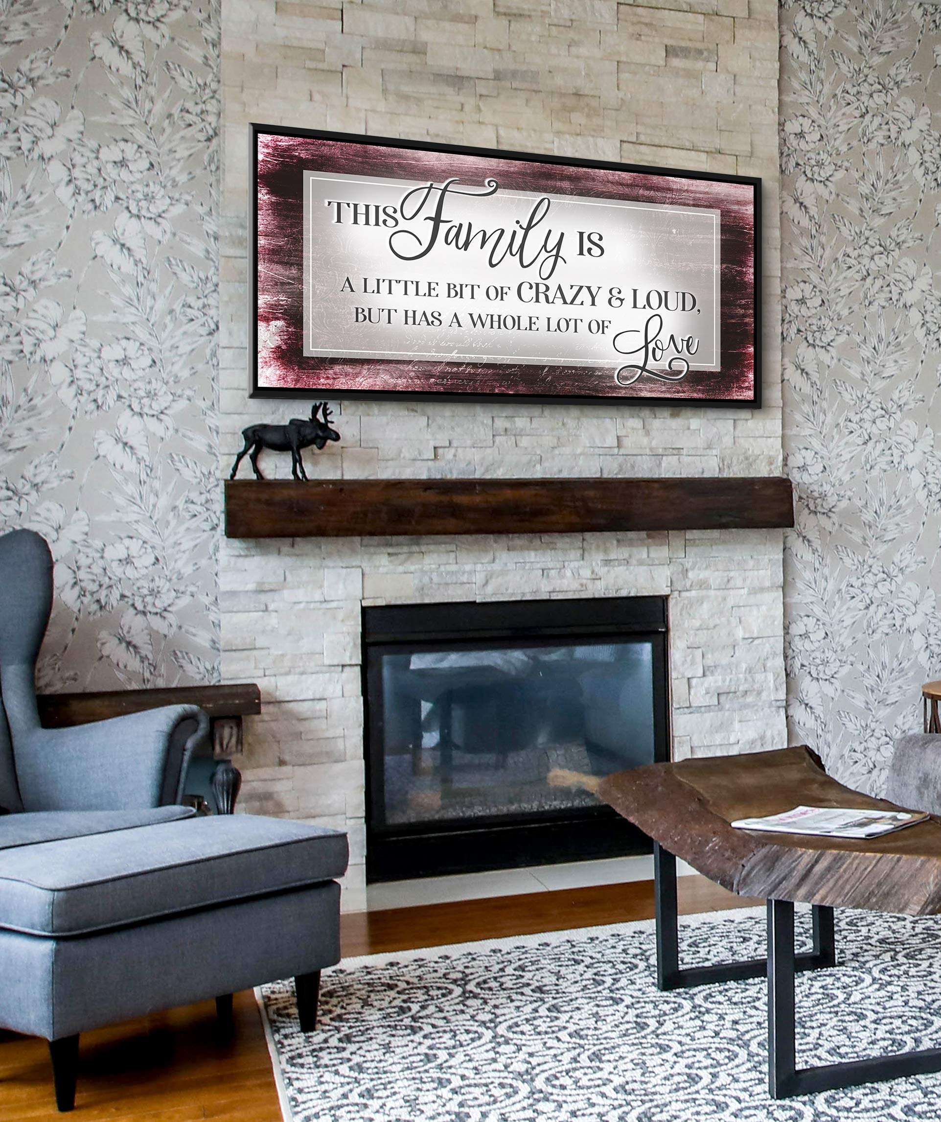 Family Sign Wall Art - Large Canvas Home Decor for Living Room & Farmhouse - 'This Family Is A Little Bit Crazy' Funny Quote - Red Wine & Black Floating Frame 42x19 - Perfect for Housewarming Gifts & Rustic Interior Design