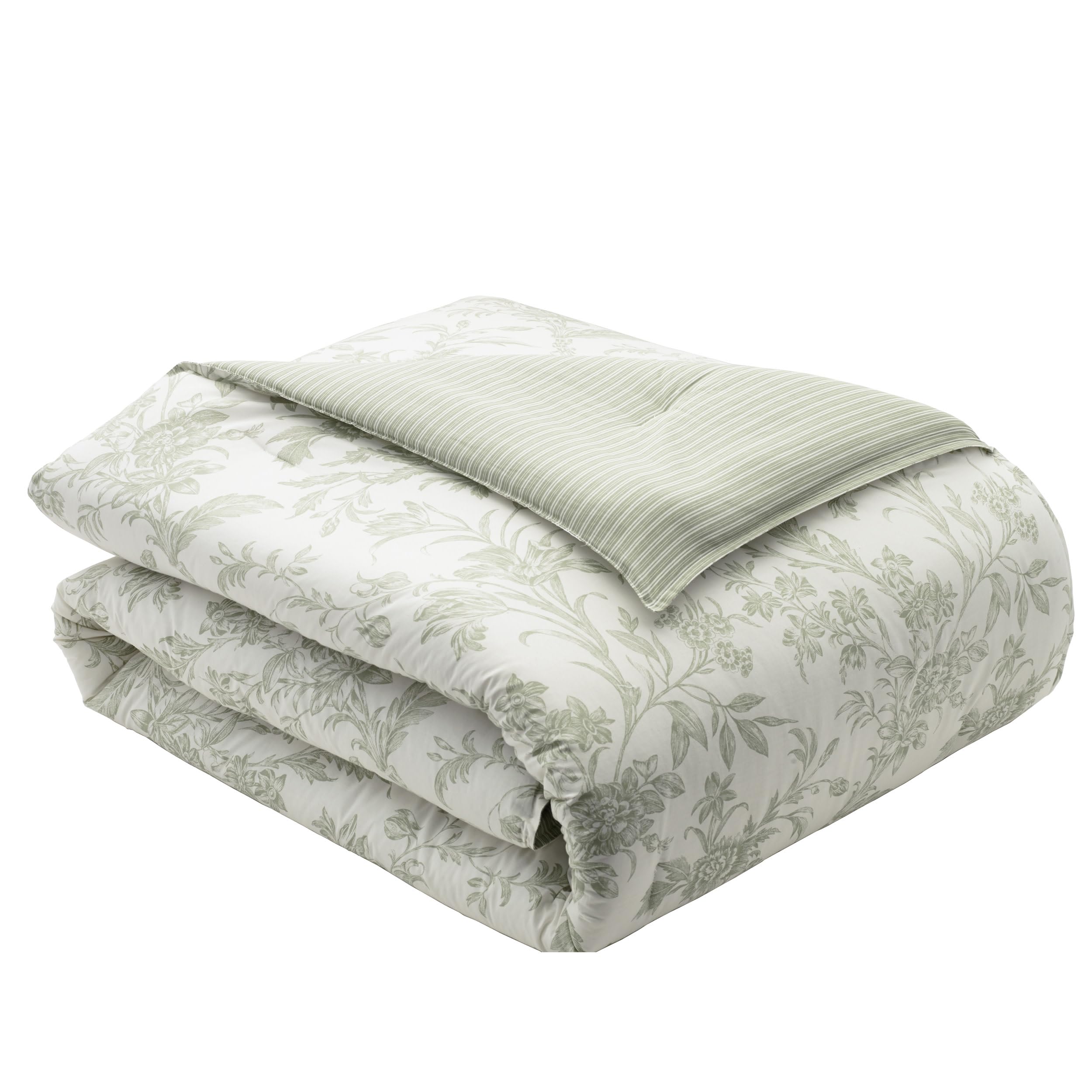 Laura Ashley Home - King Size Reversible Cotton Duvet Cover Set with Matching Shams, Euro Shams & Throw Pillows (Natalie Green) - Luxury Bedroom Decor for Master Suite & Guest Room