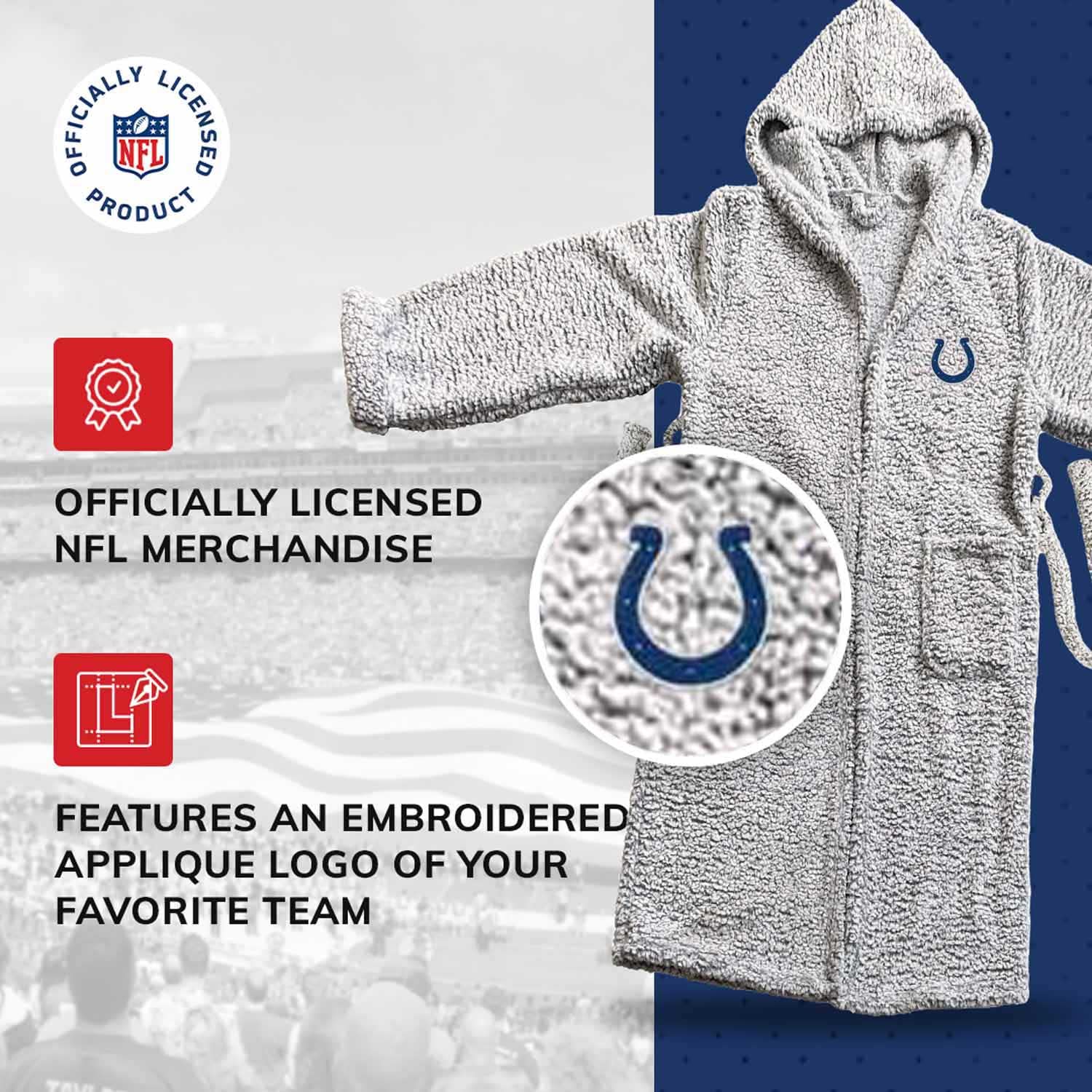 NFL Plush Hooded Robe with Pockets - 100% Polyester Sherpa Blend - Unisex Cozy Bathrobe for Men & Women - Perfect for Game Day, Lounging & Relaxation at Home