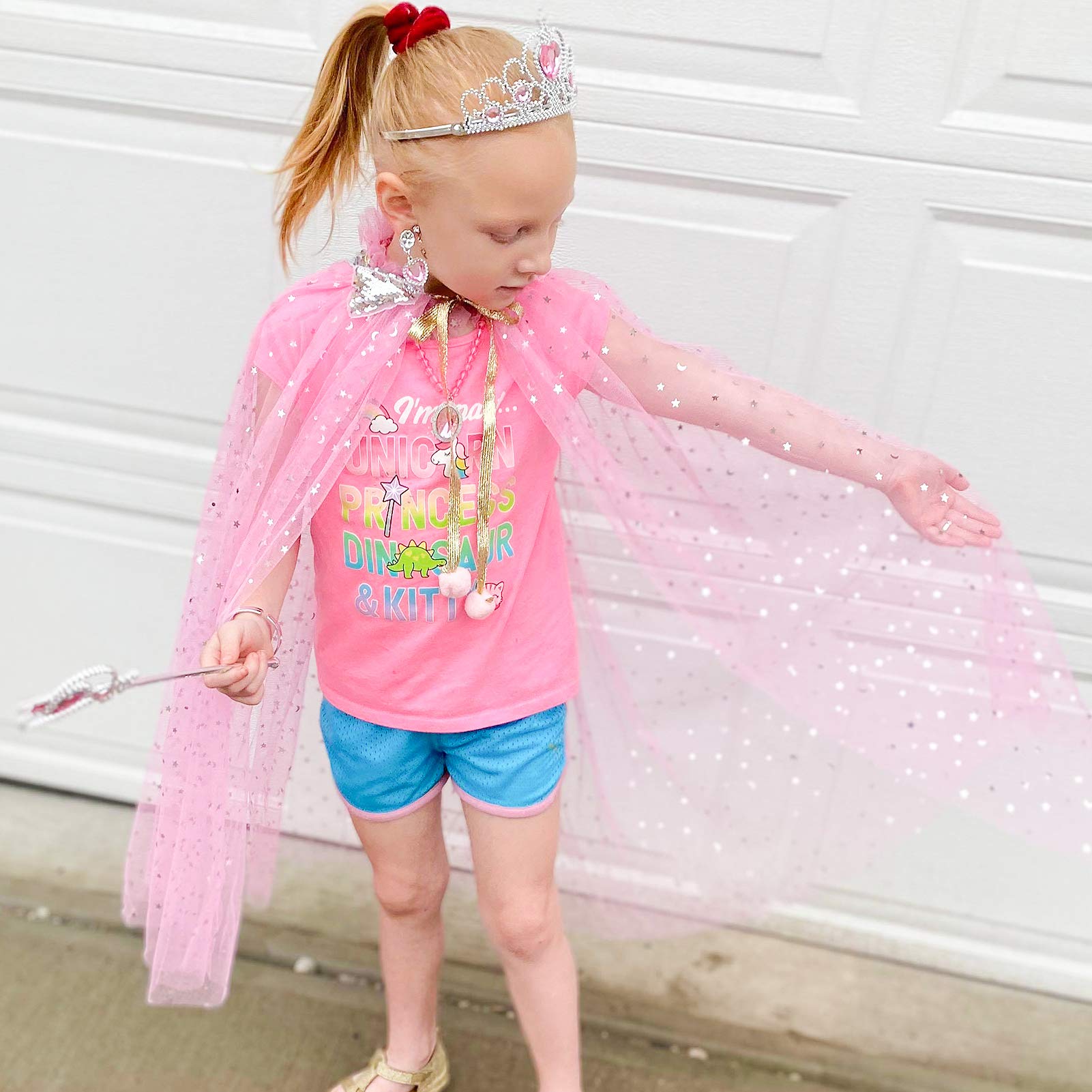 Fedio 7-Piece Princess Cape Set for Girls - Pink Cloak with Tiara Crown & Magic Wand | Kids Dress Up Costume for Birthday Parties, Halloween & Pretend Play