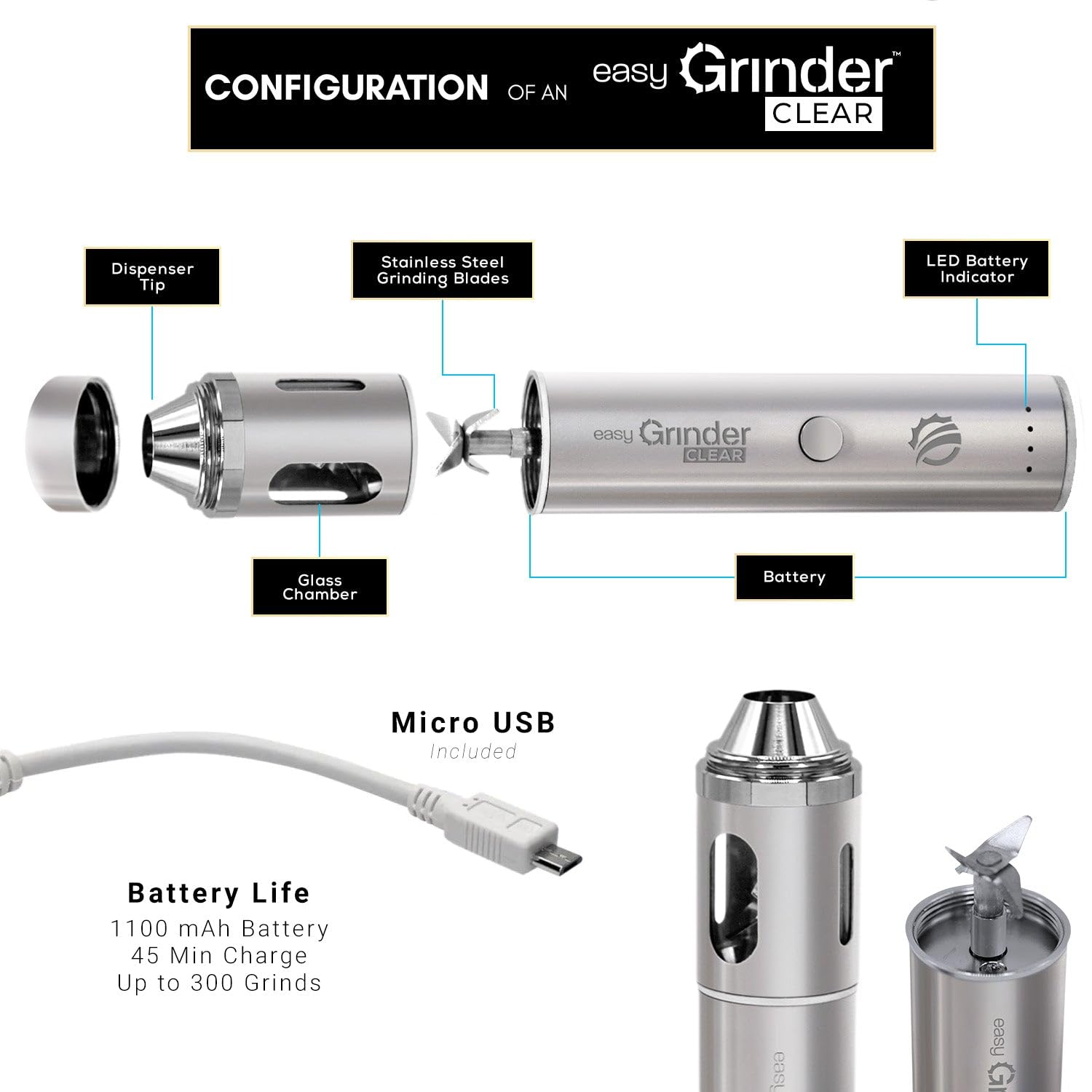 Premium Clear Glass Electric Herb Grinder with Stainless Steel Blades & Pollen Catcher - Perfect for Coffee, Spices, and Herbs - Ideal for Home Kitchens, Coffee Shops, and Baking Enthusiasts