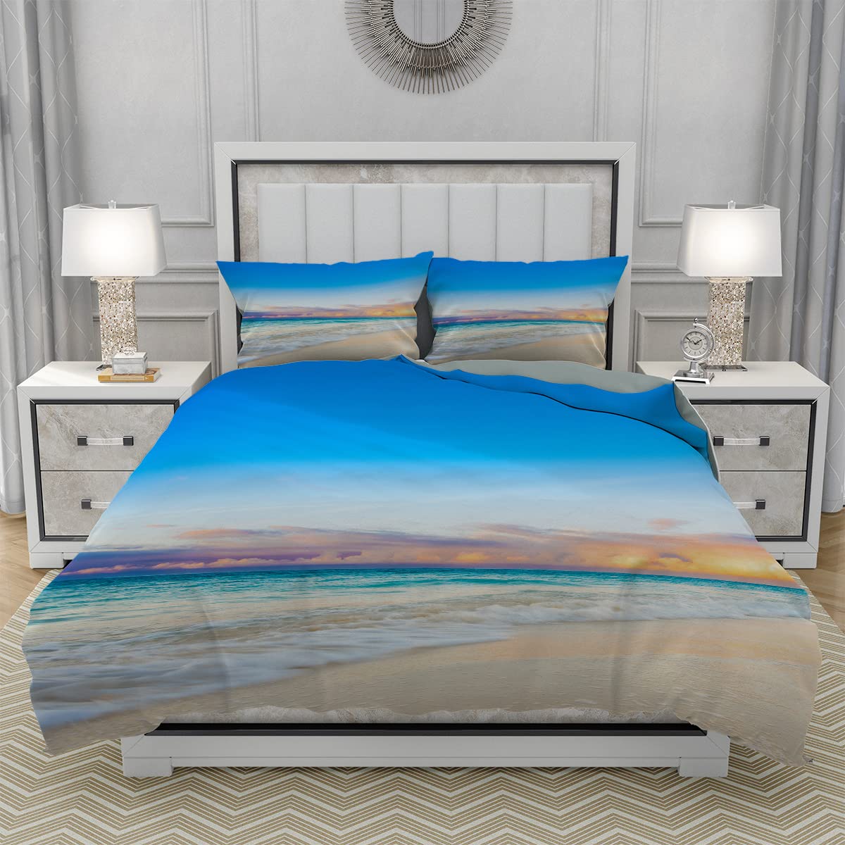 Beach Sand Duvet Cover Set Twin Size - Coastal Blue Water Sunset Clouds 3-Piece Microfiber Bedding Set for Kids, Boys & Teens | Soft Comforter Cover with 2 Pillowcases | Perfect for Beach-Themed Bedrooms, Vacation Homes & Summer Decor