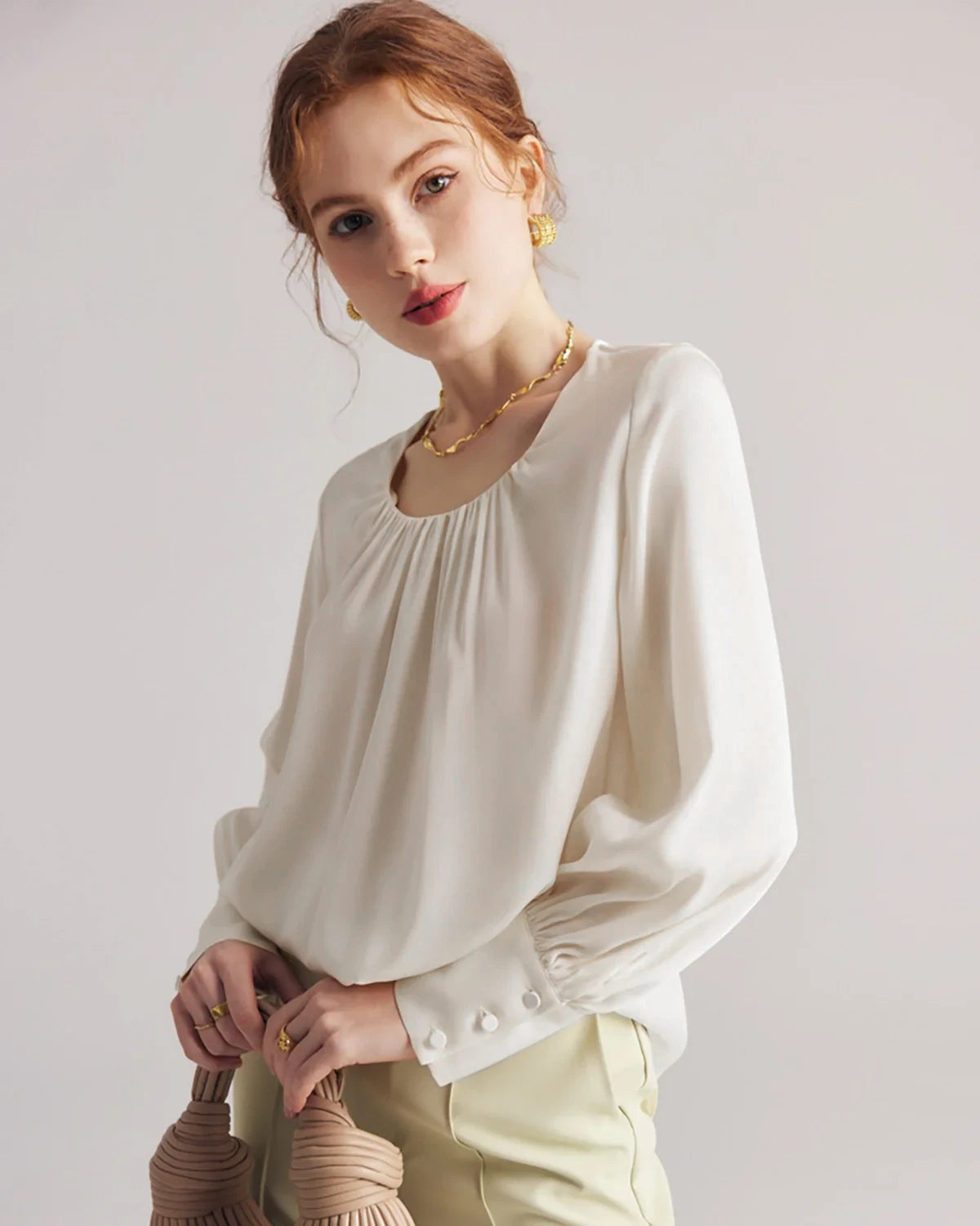 Elegant Pleated Round Neck Silk Blouse for Women | Soft & Breathable Luxury Shirt | Perfect for Office Wear, Date Night & Special Occasions