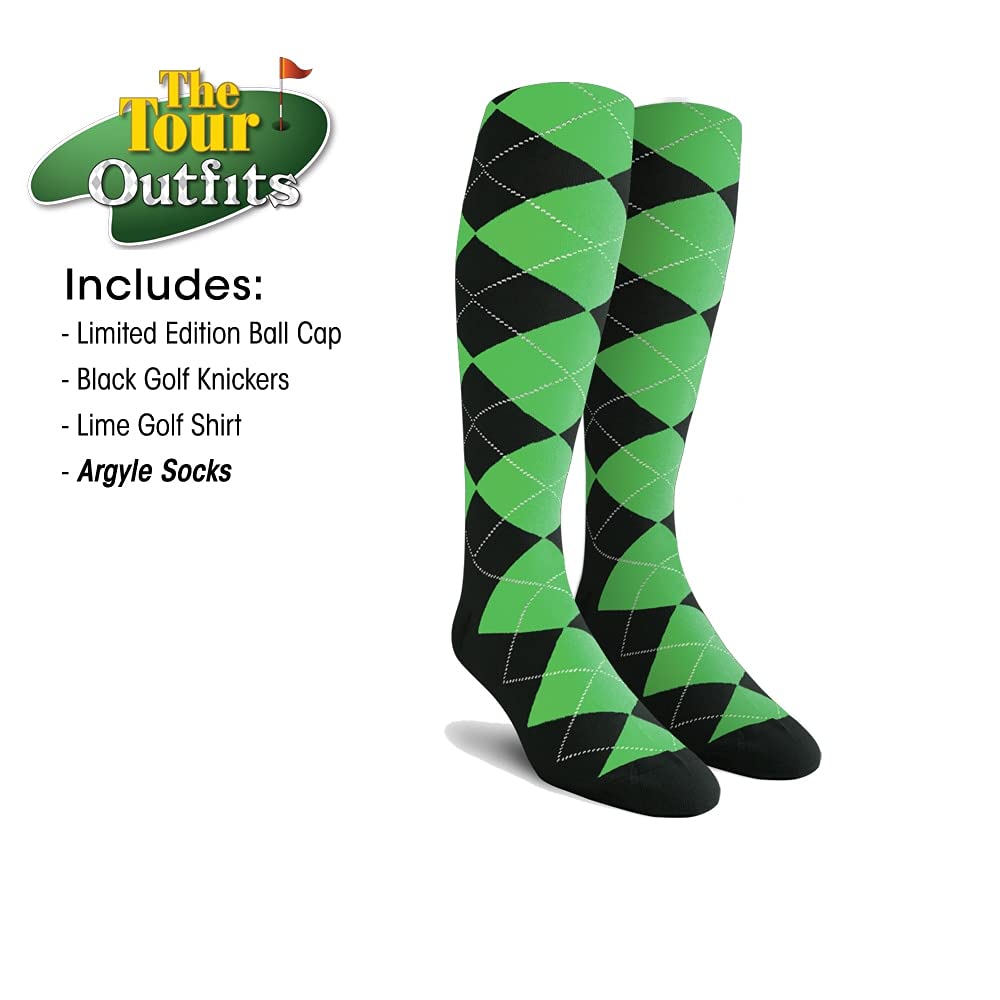 Men's Stylish Black Microfiber Outfit Set - Limited Edition Ball Cap, Over-The-Calf Argyle Socks & Lime Golf Shirt | Perfect for Golfing, Casual Wear & Outdoor Activities
