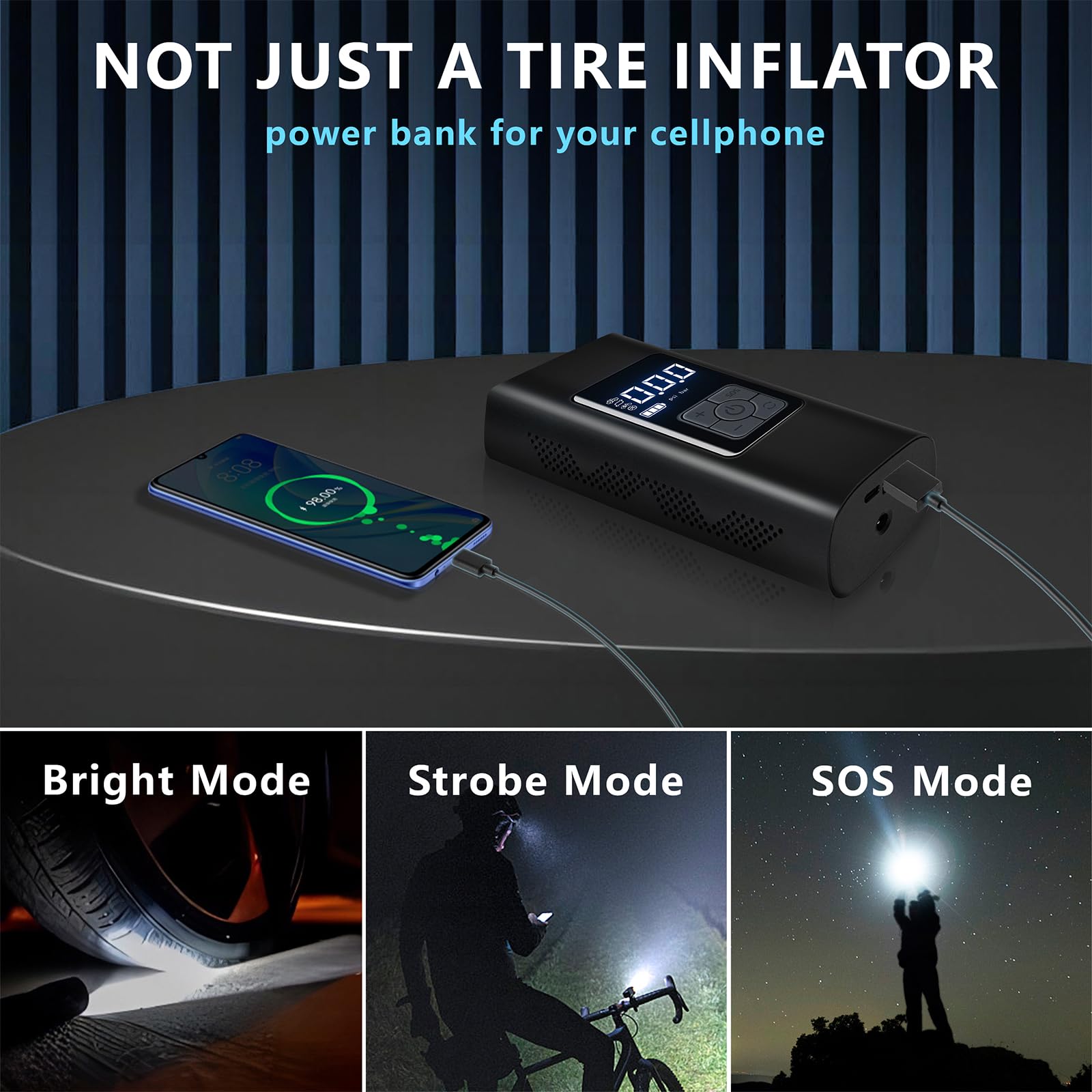 Portable Air Compressor for Car Tires - 6000mAh Battery & 12V DC Power, LCD Digital Pressure Gauge, Fast Inflation Pump for Cars, Motorcycles, Bikes, SUVs - Perfect for Road Trips, Emergency Flat Tire Repair & Garage Use