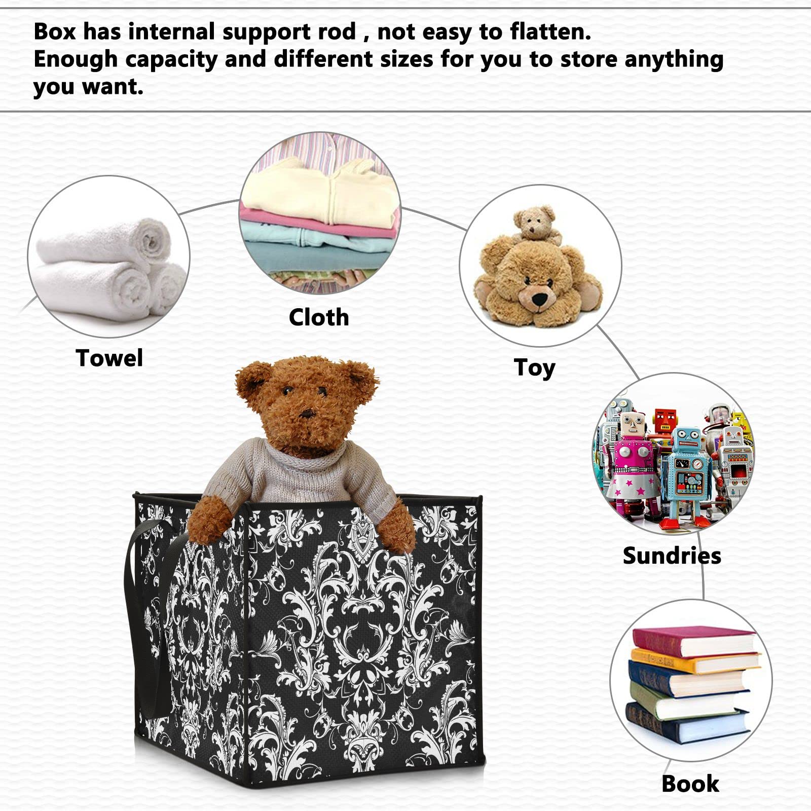 Baroque Damask Seamless Black Square Collapsible Storage Bins - 13x13x13 Inch Foldable Fabric Toy Organizer with Handles for Nursery, Shelves & Closet - Perfect for Kids' Room Organization, Home Decor and Gift Storage