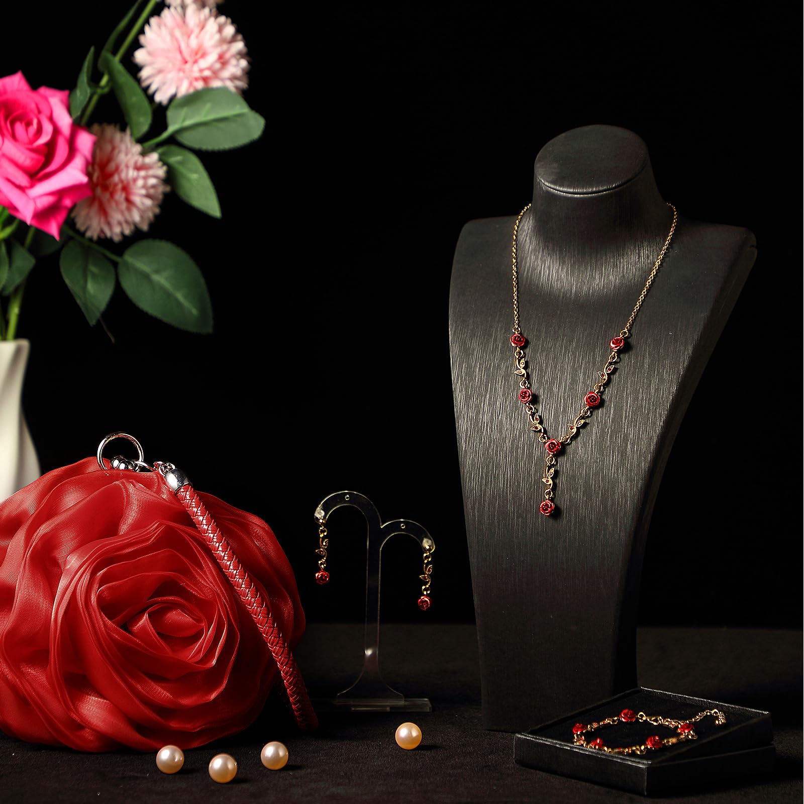 4Pcs Women's Rose Gold Jewelry Set - Red Rose Necklace, Bracelet, Earrings & Clutch for Wedding, Party, Prom | Elegant Floral Accessories Gift for Bridesmaids, Bride, Anniversary