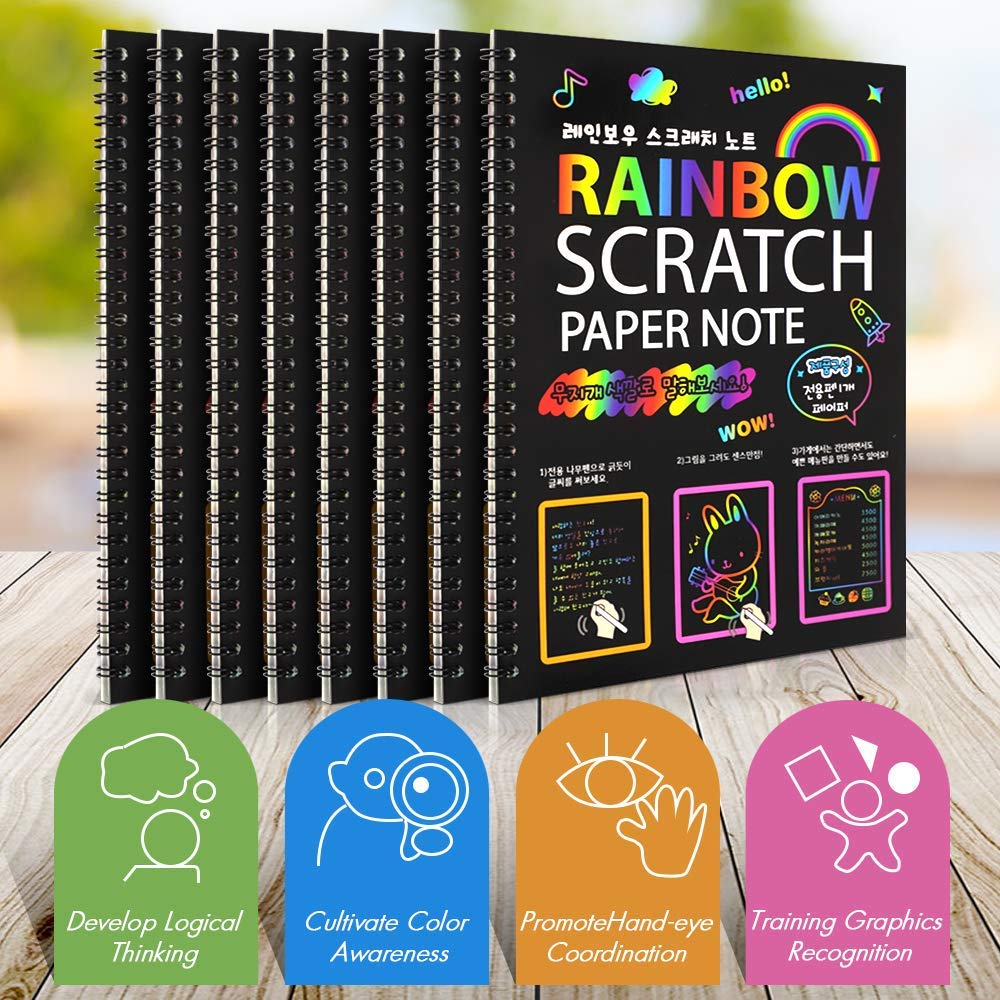 8 Pack Rainbow Scratch Art Drawing Notebook for Kids - Large Scratch and Sketch Paper Set, DIY Art Supplies for Children's Creativity & Party Favors - Perfect for Birthday Gifts, Classroom Activities & Holiday Crafts