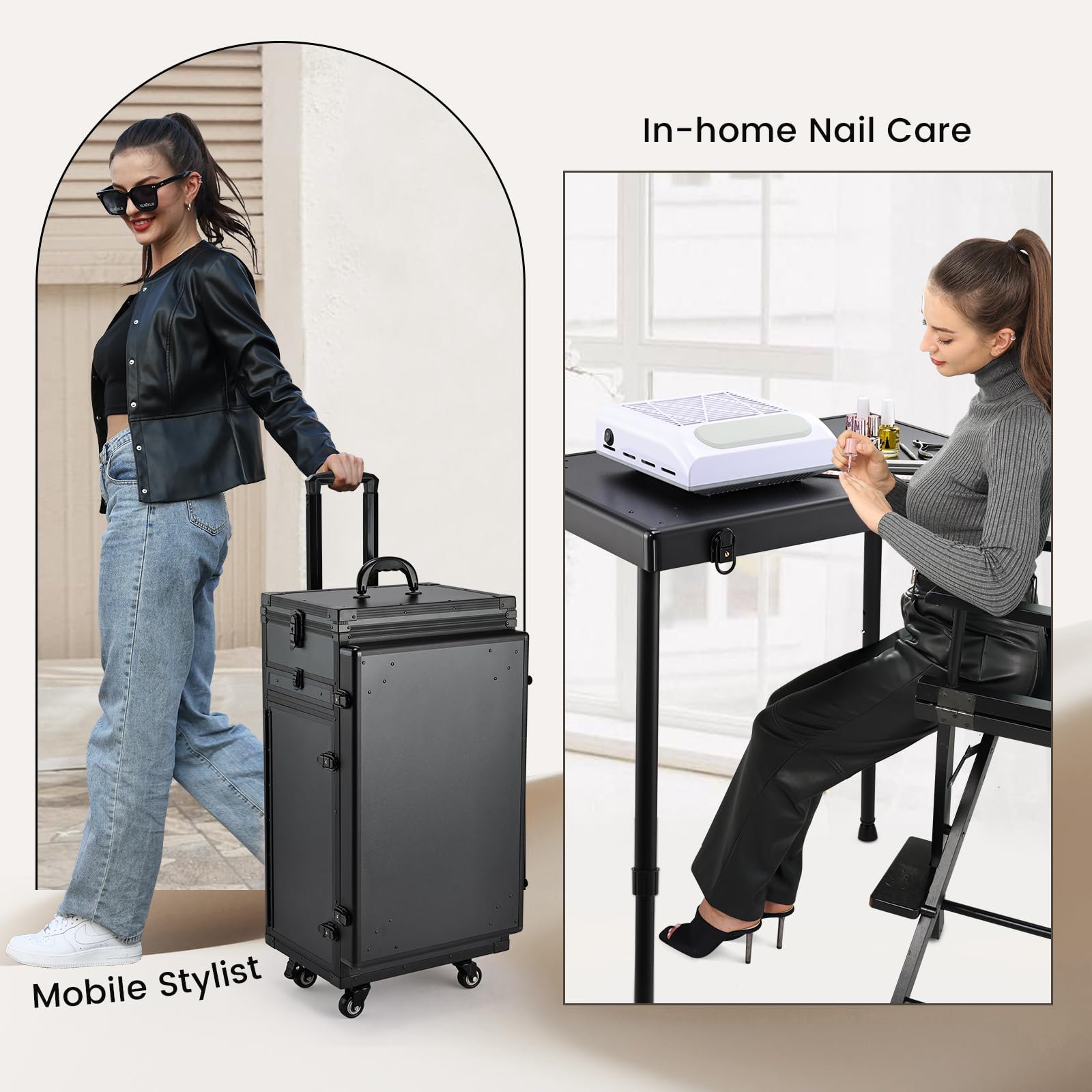Joligrace 5-Drawer Rolling Manicure Table - Foldable Mobile Nail Desk with Wheels & Brush Pouch - Professional Cosmetology Case for Makeup Artists & Technicians - Perfect for Salon Workstations, Home Beauty Studios & Mobile Services - Black