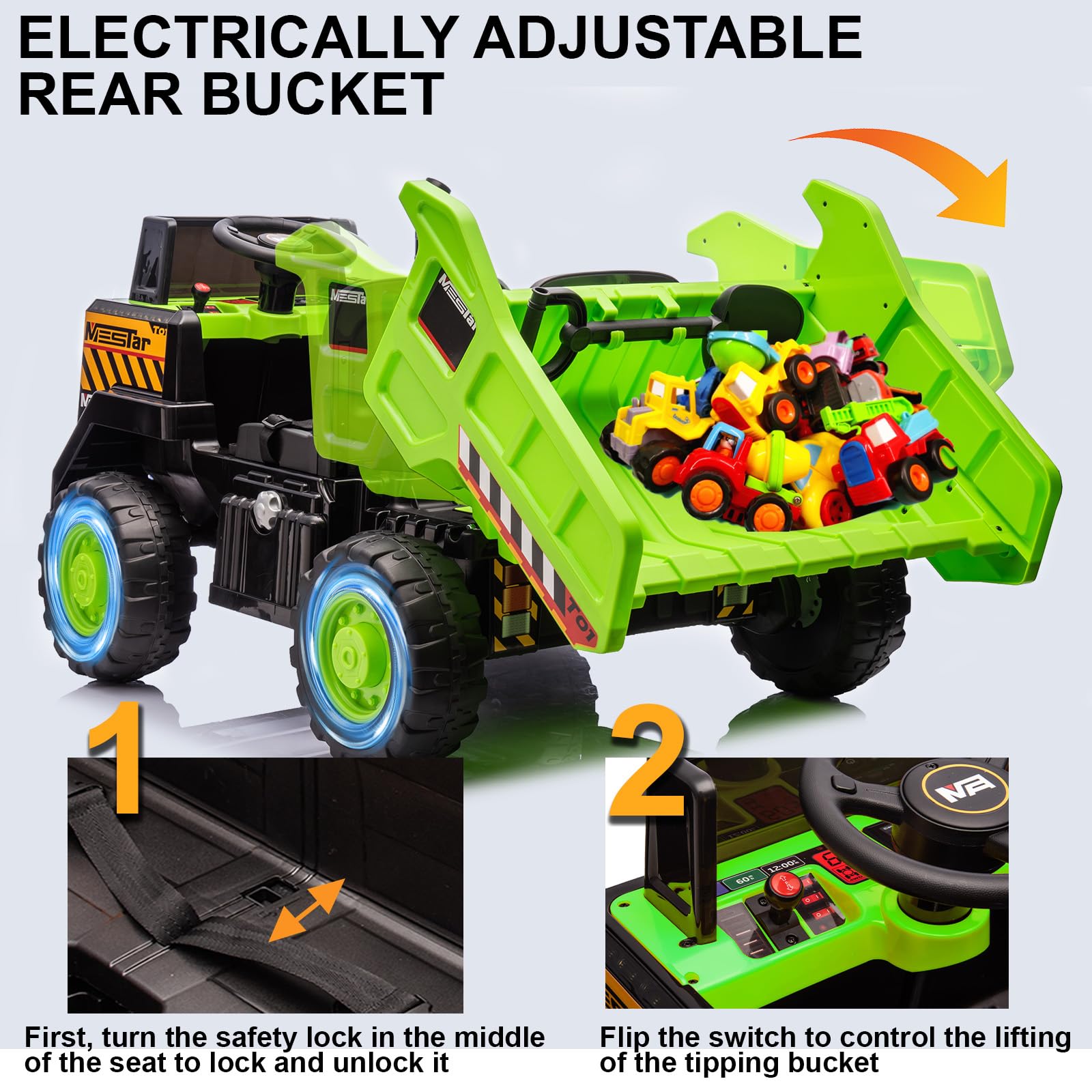 24V 2 Seater Kids Ride On Dump Truck with Remote Control - 4WD/2WD Electric Toy Car for Big Kids (5 MPH Max Speed) - Includes Dump Bed, Shovel & Traffic Cones - Perfect for Outdoor Play & Construction Pretend Play (Green)
