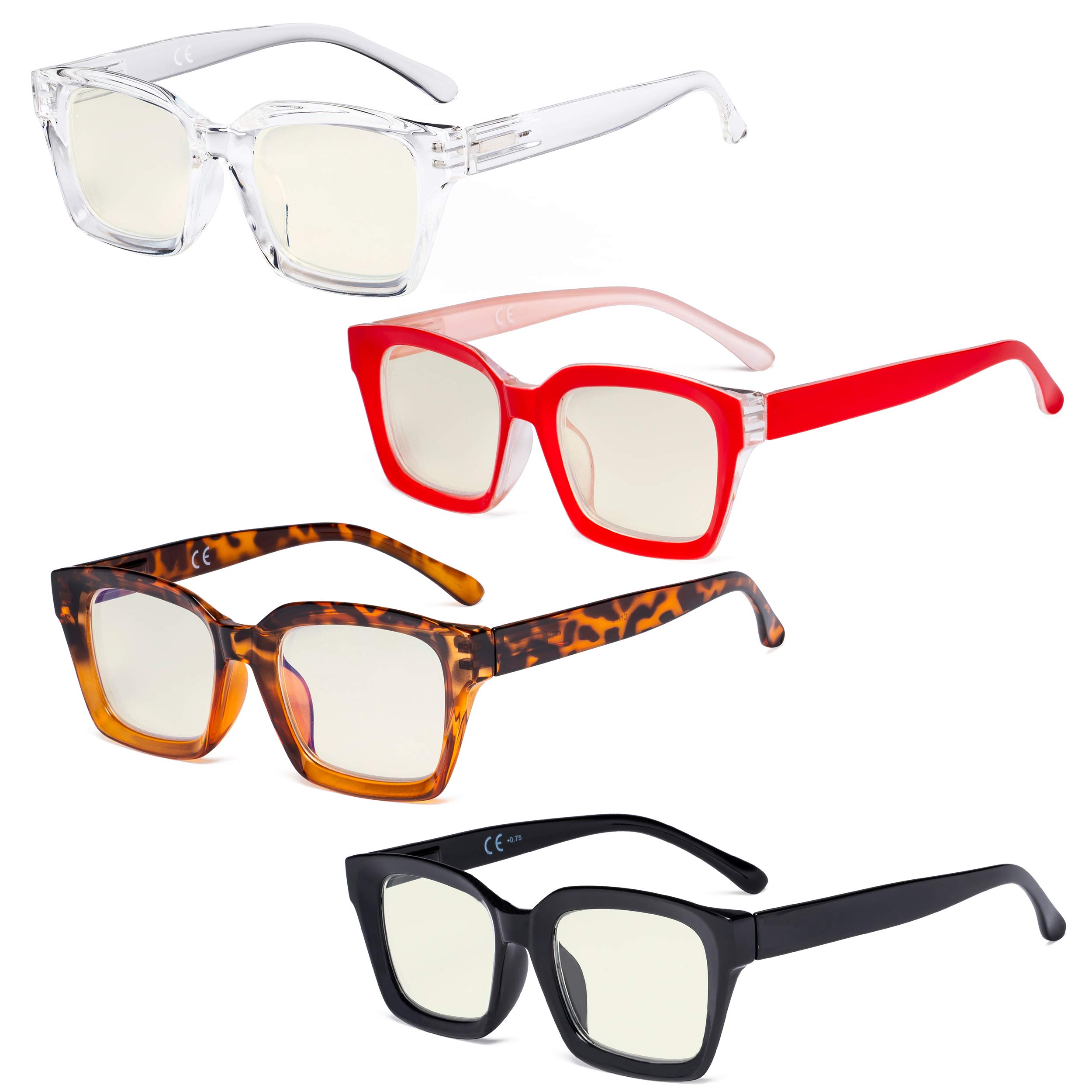 Blue Light Blocking Reading Glasses for Women - 4 Pairs Oversized Computer Glasses with UV Protection, Anti-Glare & Stylish Frames - Perfect for Office Work, Gaming & Screen Time