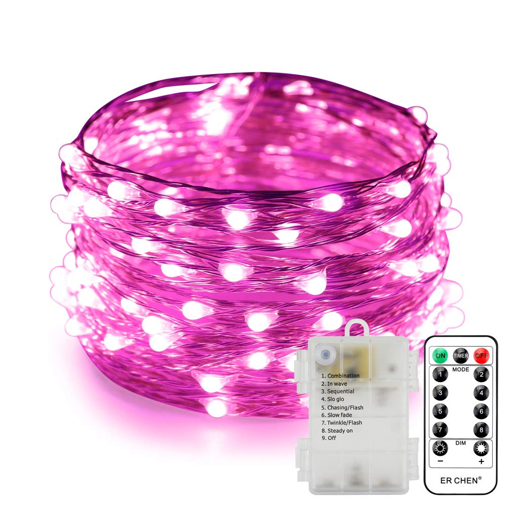 Battery Operated Silver Copper Wire LED String Lights - 33FT 100 LEDs, 8 Modes Dimmable Waterproof Fairy Lights with Remote Control & Timer for Wedding, Bedroom, Party - Indoor & Outdoor Decor (Pink)