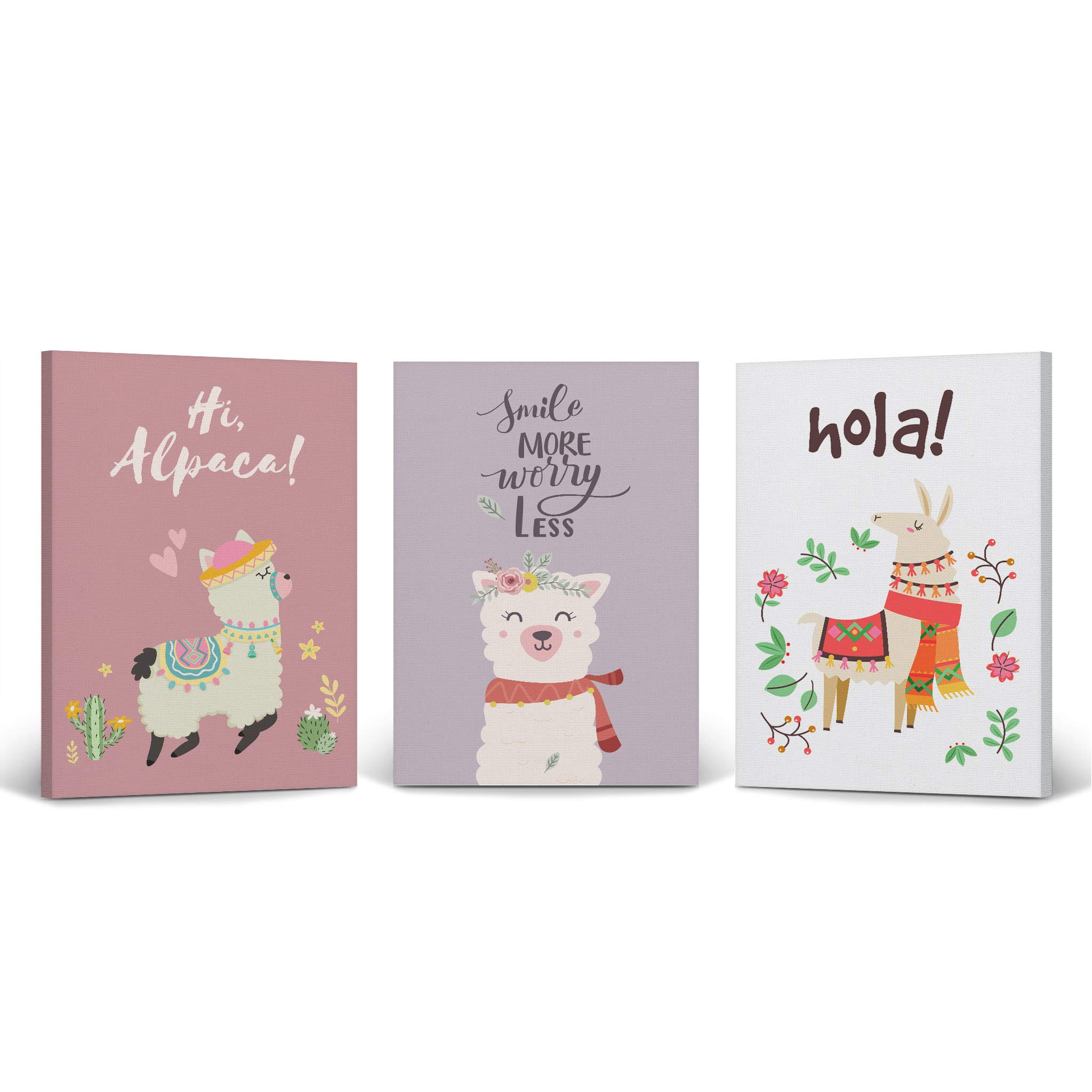 Cute Alpaca Canvas Wall Art Set - Pink, Purple & White Background - 3 Piece Kids Room Decor for Baby Boy & Girl - Ready to Hang - Made in USA (22x15) x3 - Perfect for Nursery, Playroom & Children's Bedroom
