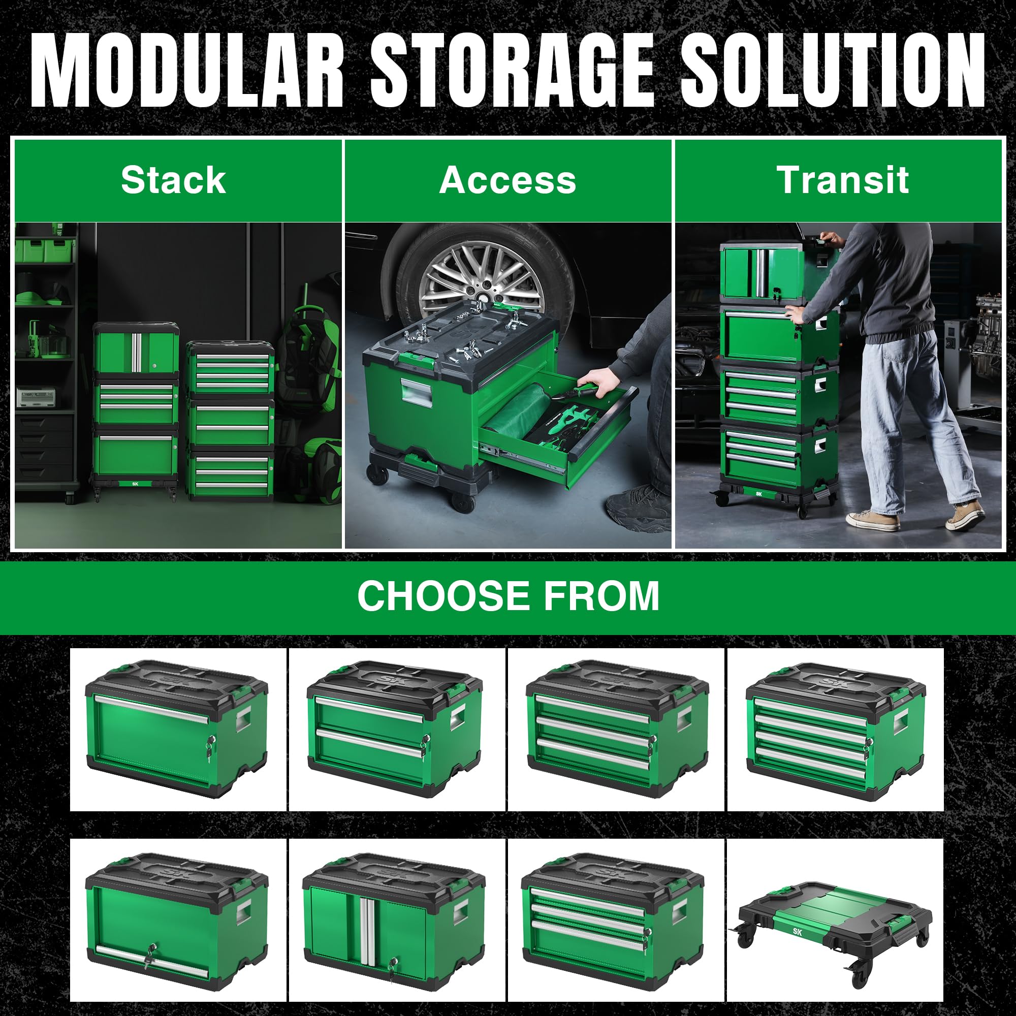SK Modular Stackable Storage Tool Box - 20.5 Inch 2-Drawer Steel Tool Chest with Patented Auto-Lock Mechanism, Heavy Duty 60 Lbs Capacity - Perfect for Garage Organization, Workshop Storage & DIY Projects