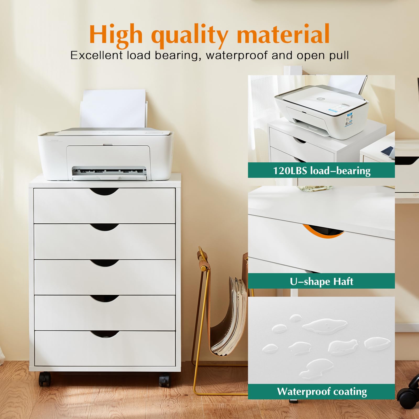 NEWBULIG 5-Tier Wooden Drawer Organizer - Mobile File Cabinet, Printer Stand & Storage Dresser for Home Office, Study - White | Space-Saving & Versatile for Small Spaces