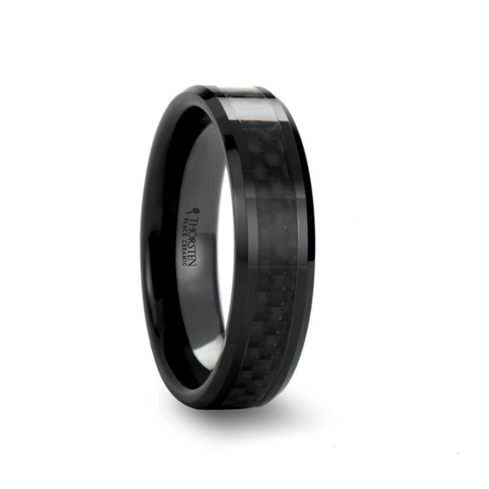 ONYX Black Ceramic Wedding Band Ring for Men - 6mm Width with Carbon Fiber Inlay & Polished Edges - Durable Comfort Fit Ring for Grooms, Anniversary & Everyday Wear