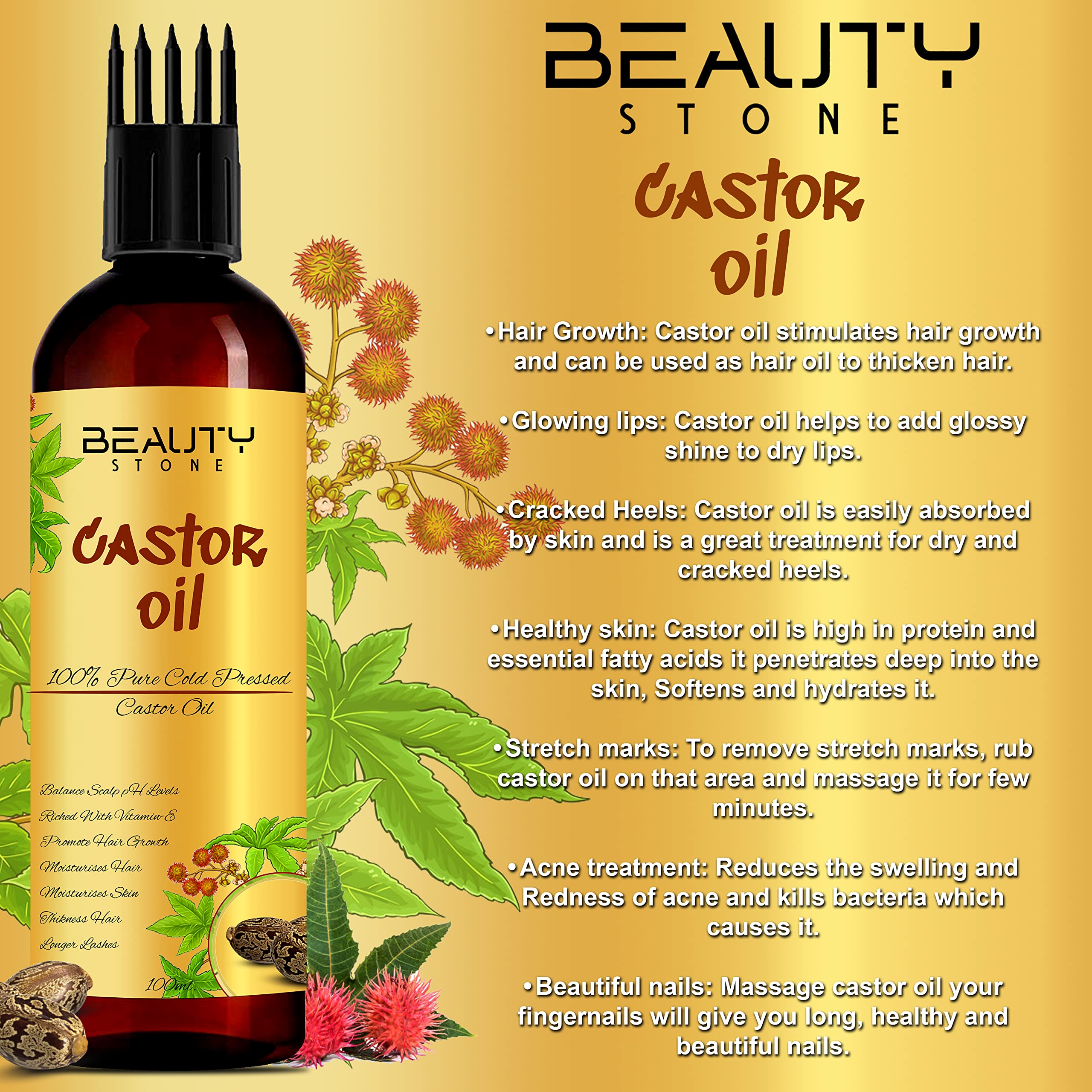 BeautyStone 100% Pure Cold Pressed Castor Oil for Hair Growth & Eyelashes - 6.76 fl oz (200ml) - Natural Moisturizer for Skin, Beard & Scalp Care - Perfect for DIY Beauty Treatments & Massage Therapy